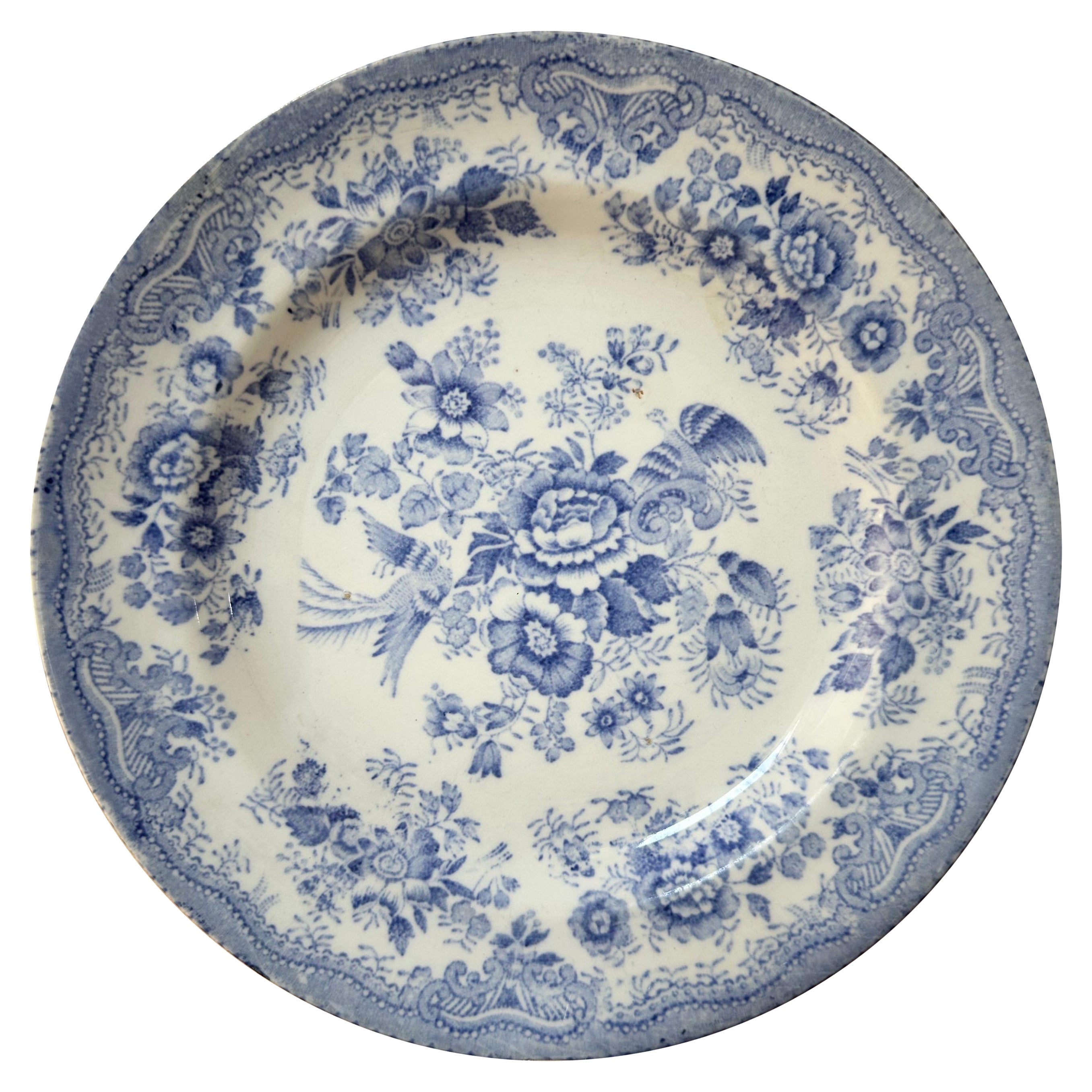 Asiatic Pheasant Dinner Plate, Blue & White Floral, circa 1850, Ceramic
