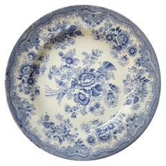 Asiatic Pheasant Dinner Plate, Blue & White Floral, circa 1850, Ceramic