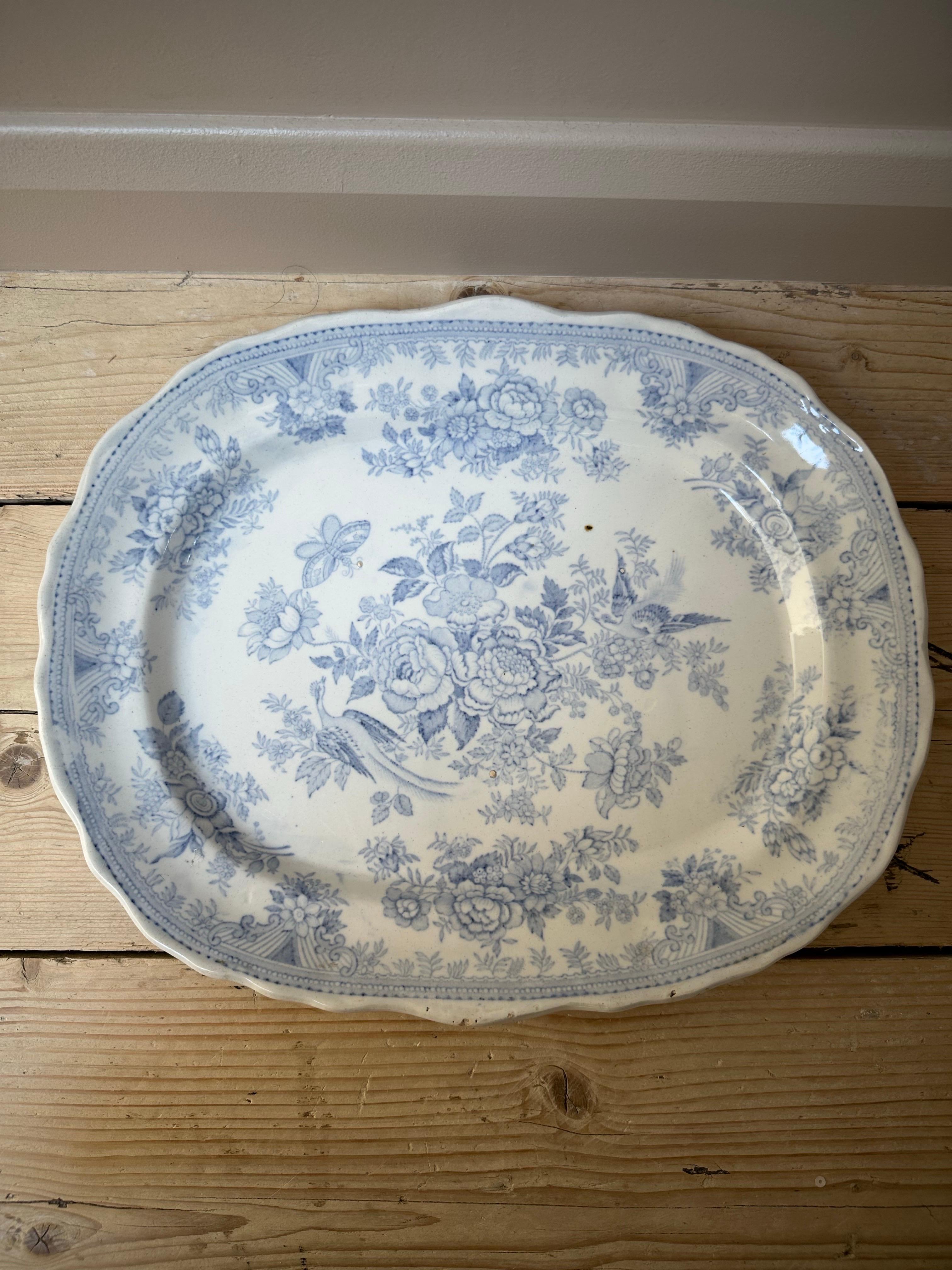 Asiatic Pheasant’s Large Platter, Blue & White Floral, Circa 1880s For Sale 2