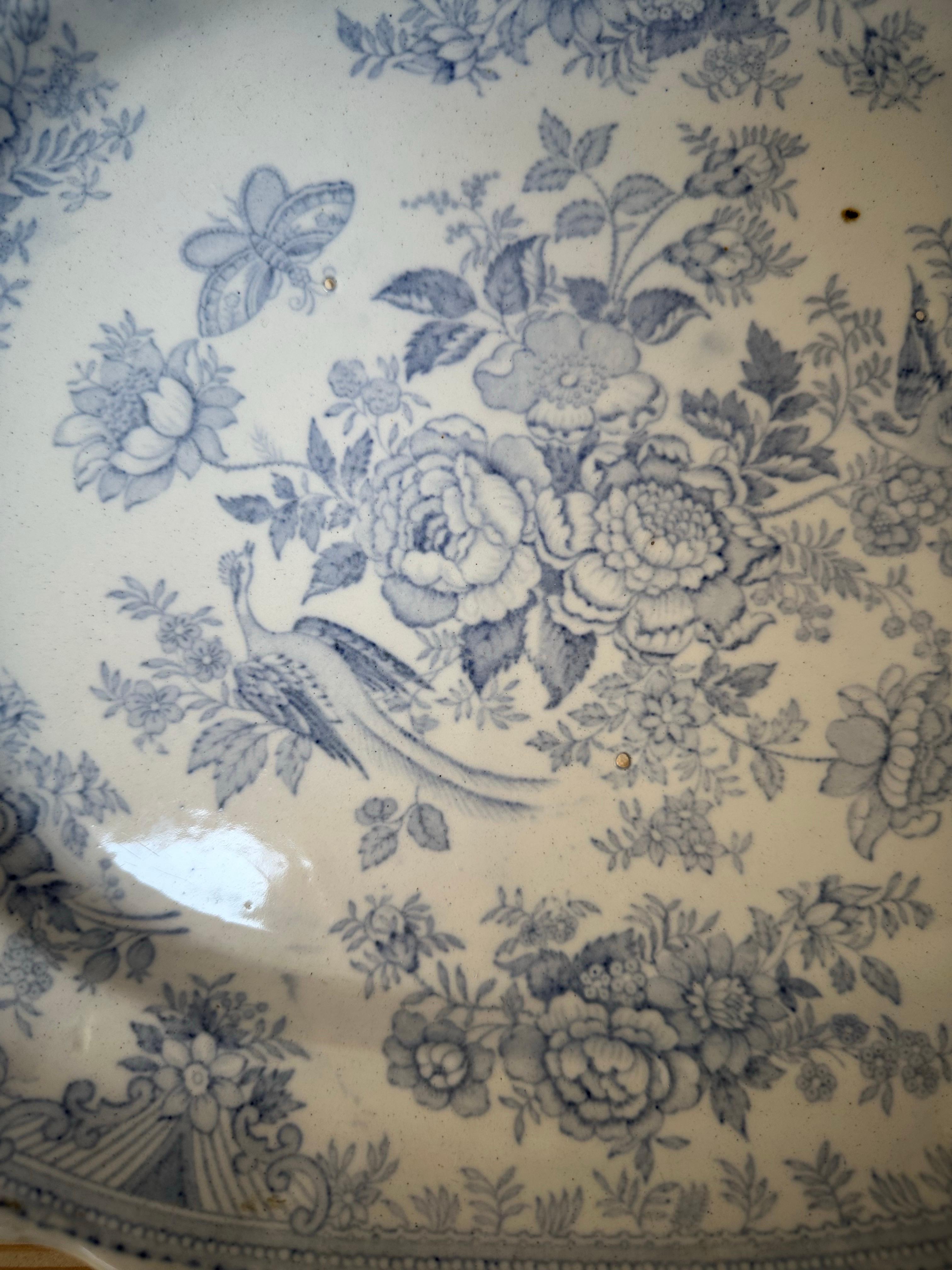 Asiatic Pheasant’s Large Platter, Blue & White Floral, Circa 1880s For Sale 4