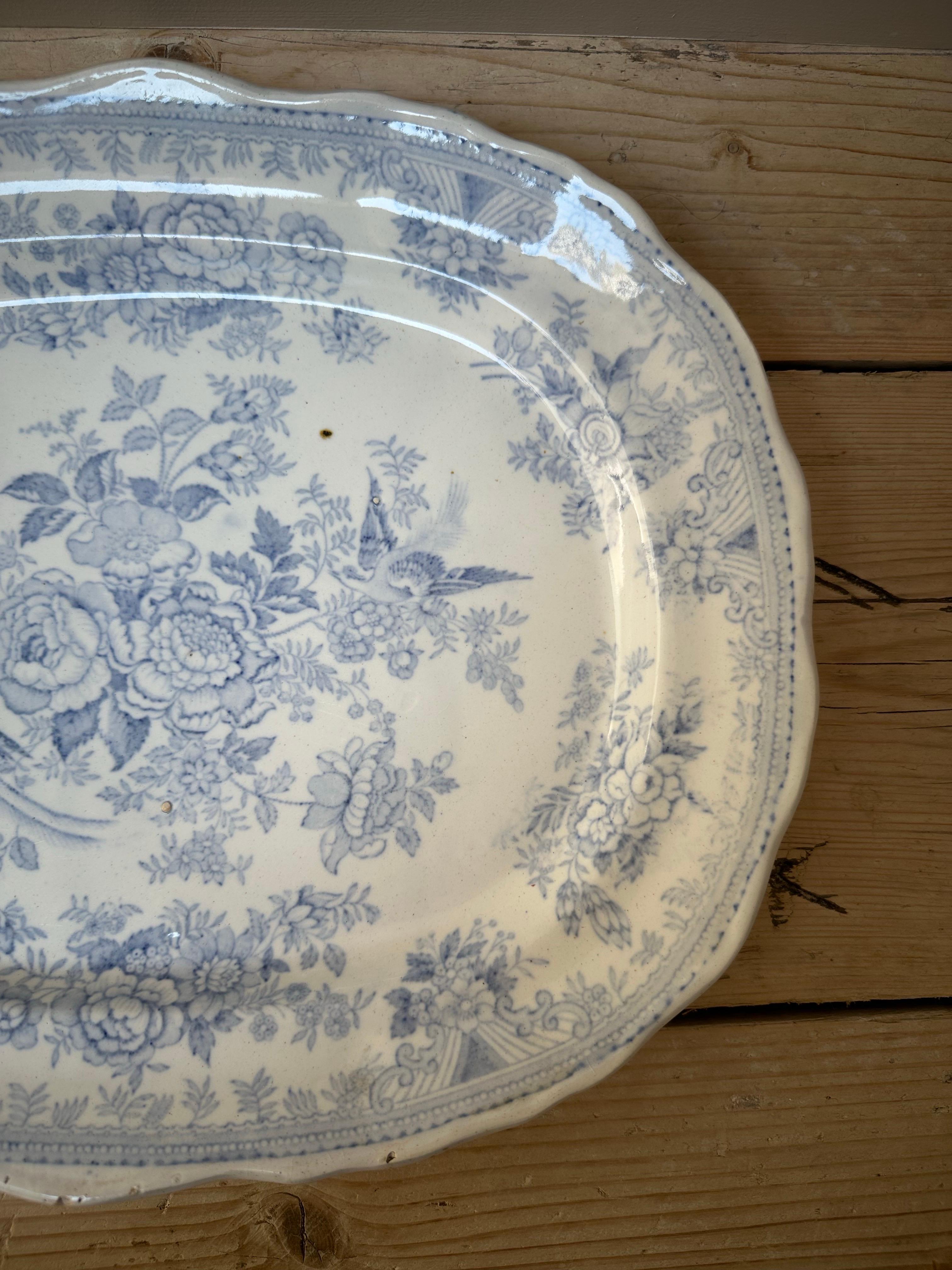 Asiatic Pheasant’s Large Platter, Blue & White Floral, Circa 1880s For Sale 6