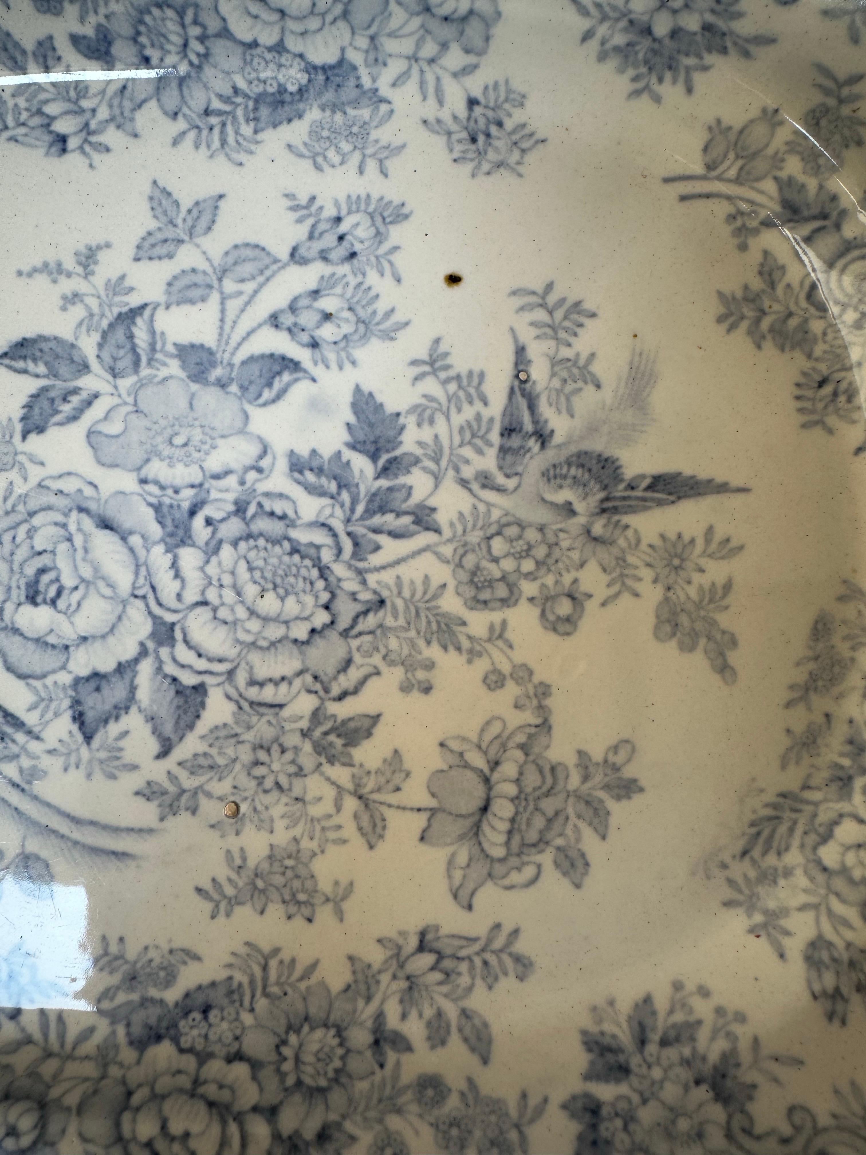 Asiatic Pheasant’s Large Platter, Blue & White Floral, Circa 1880s For Sale 7