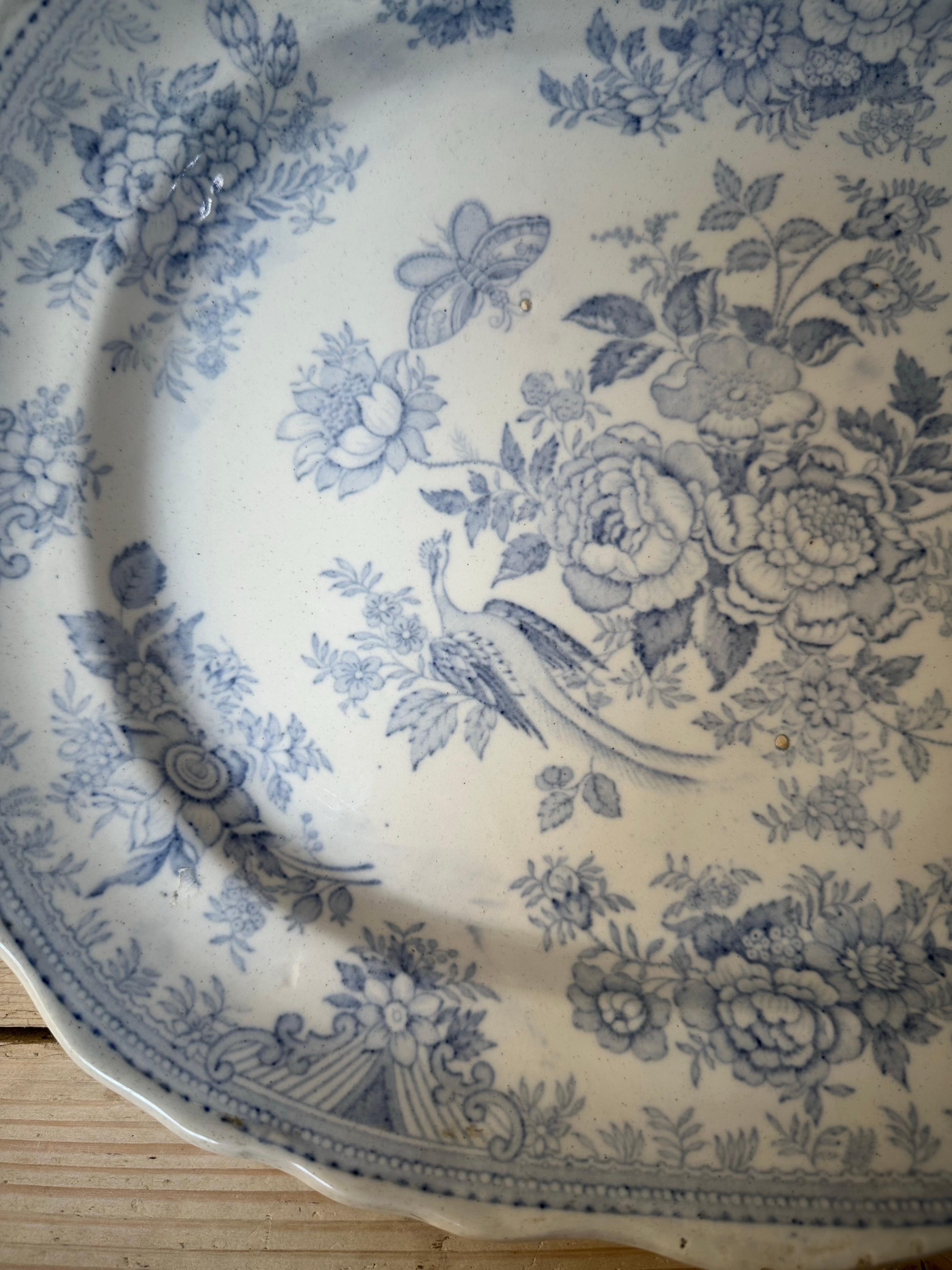 Asiatic Pheasant’s Large Platter, Blue & White Floral, Circa 1880s For Sale 8