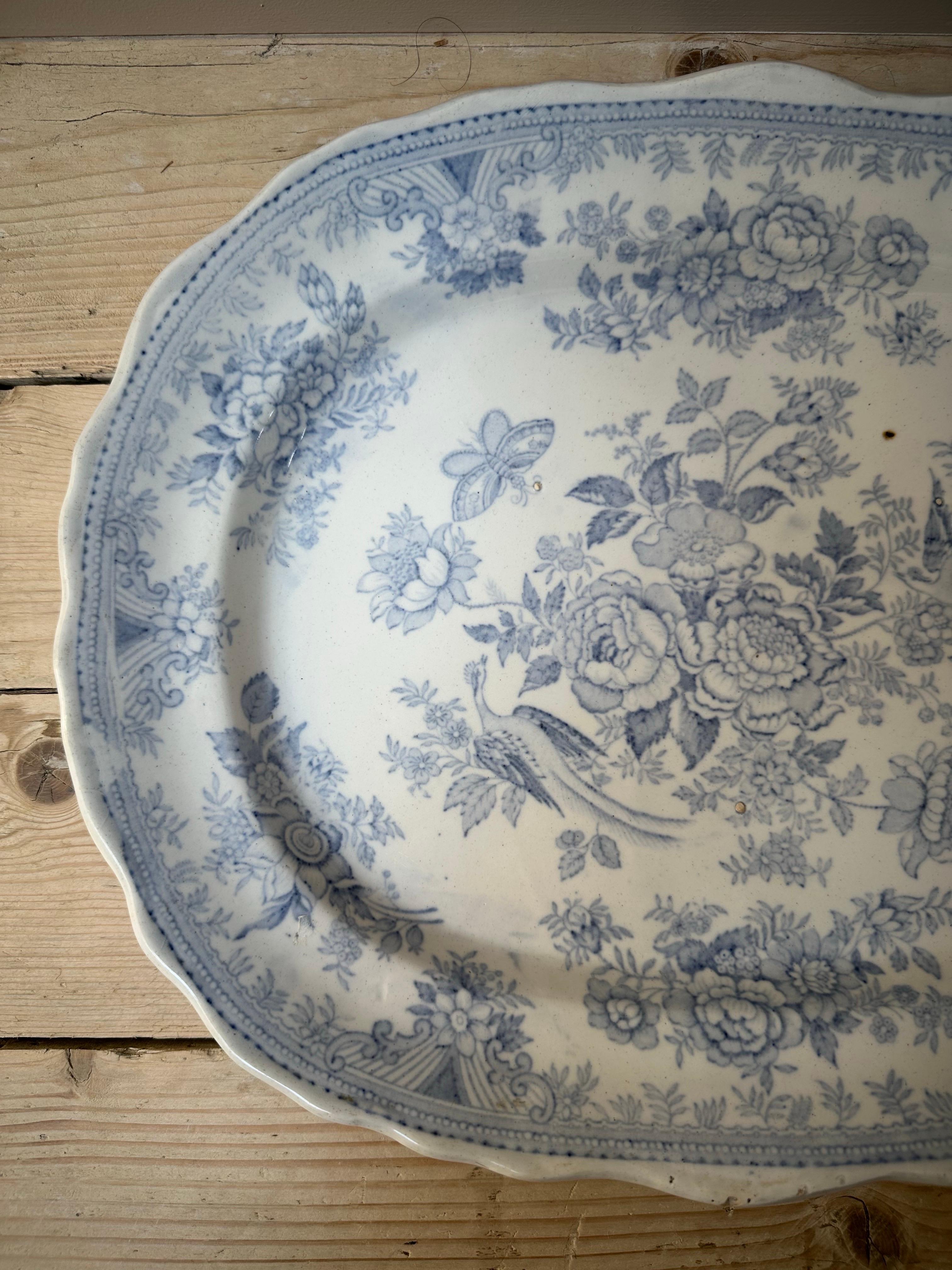 Asiatic Pheasant’s Large Platter, Blue & White Floral, Circa 1880s For Sale 9