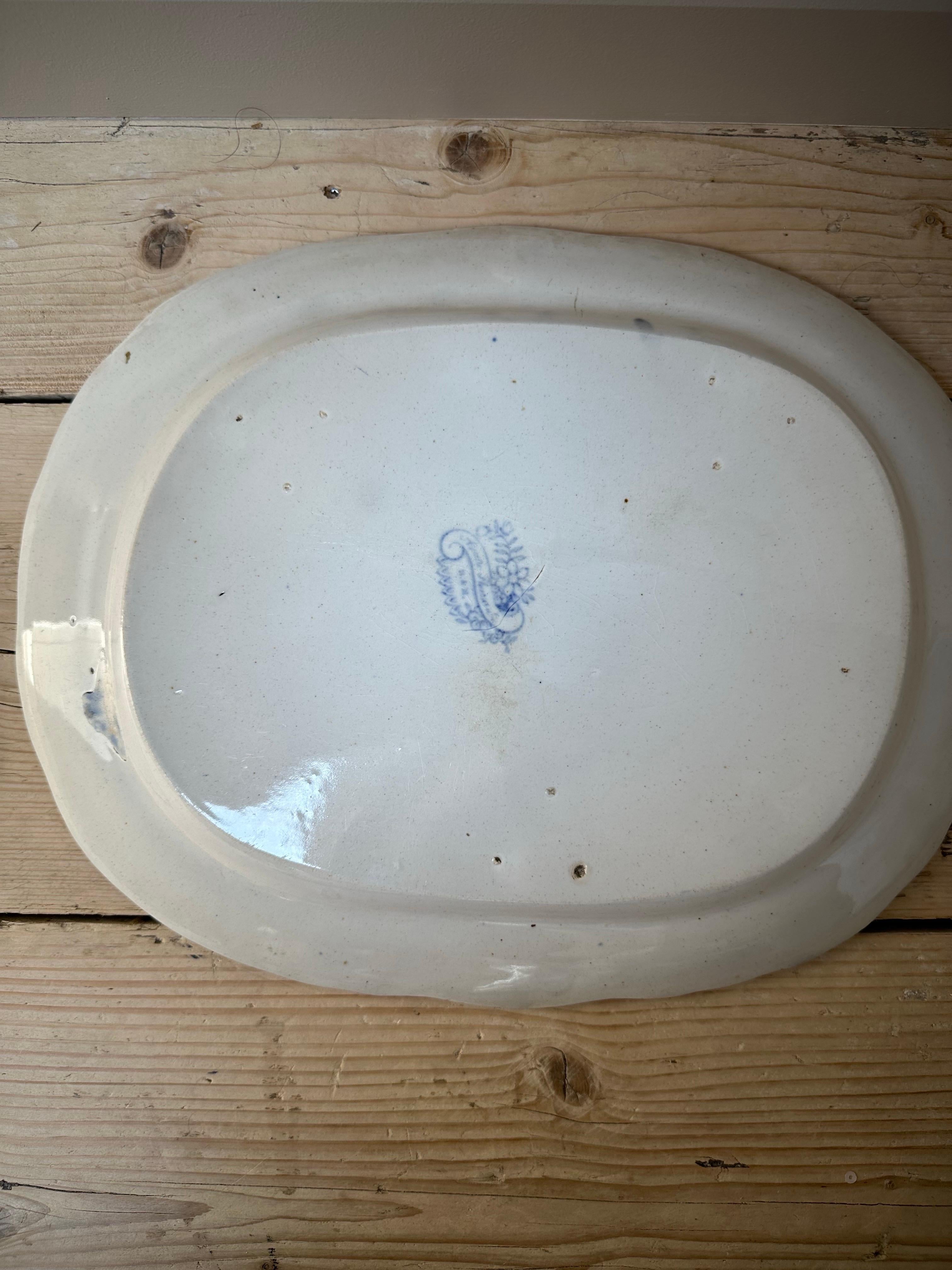 Asiatic Pheasant’s Large Platter, Blue & White Floral, Circa 1880s For Sale 10