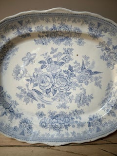 Asiatic Pheasant’s Large Platter, Blue & White Floral, Circa 1880s