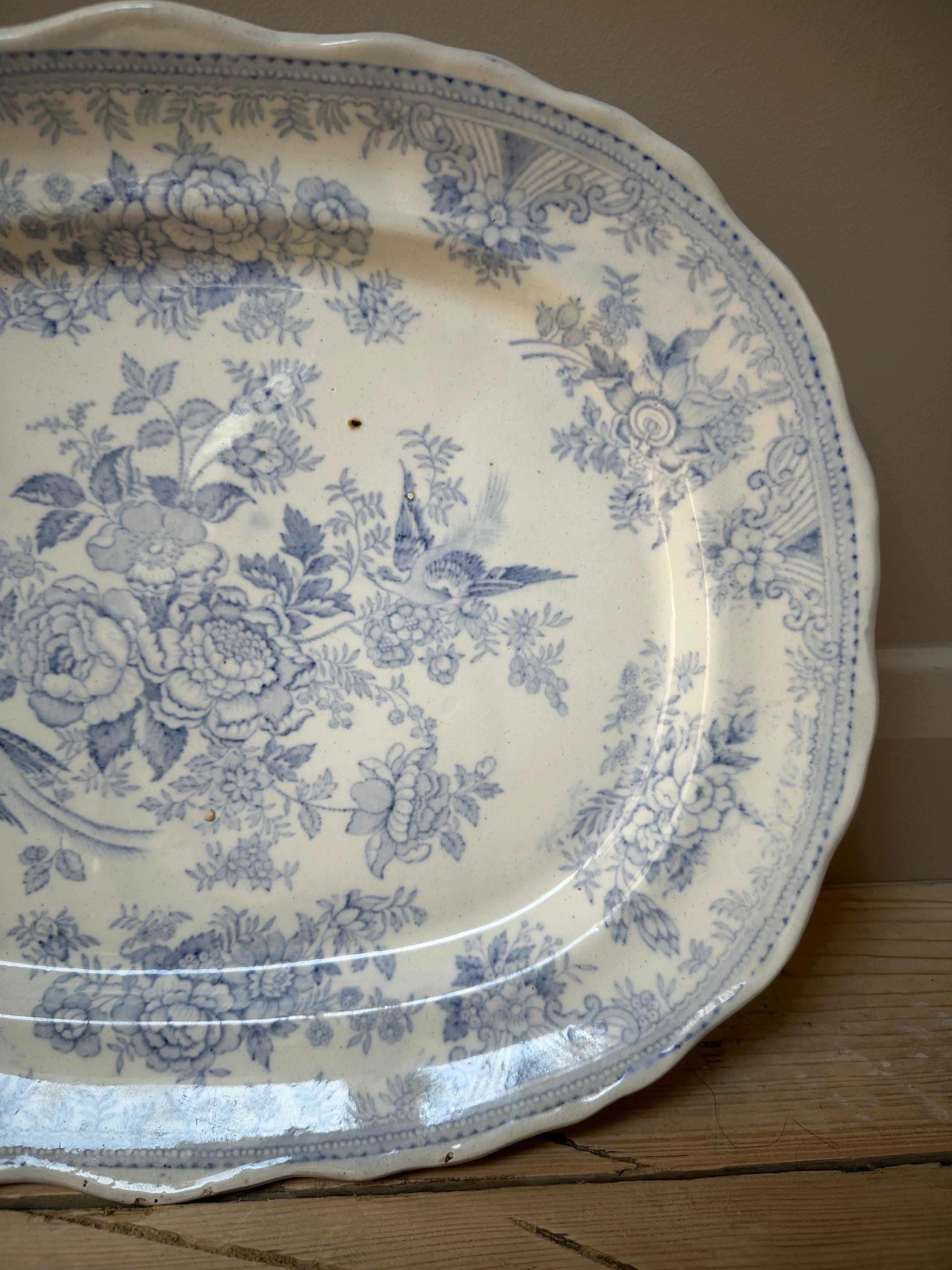 Victorian Asiatic Pheasant’s Large Platter, Blue & White Floral, Circa 1880s For Sale