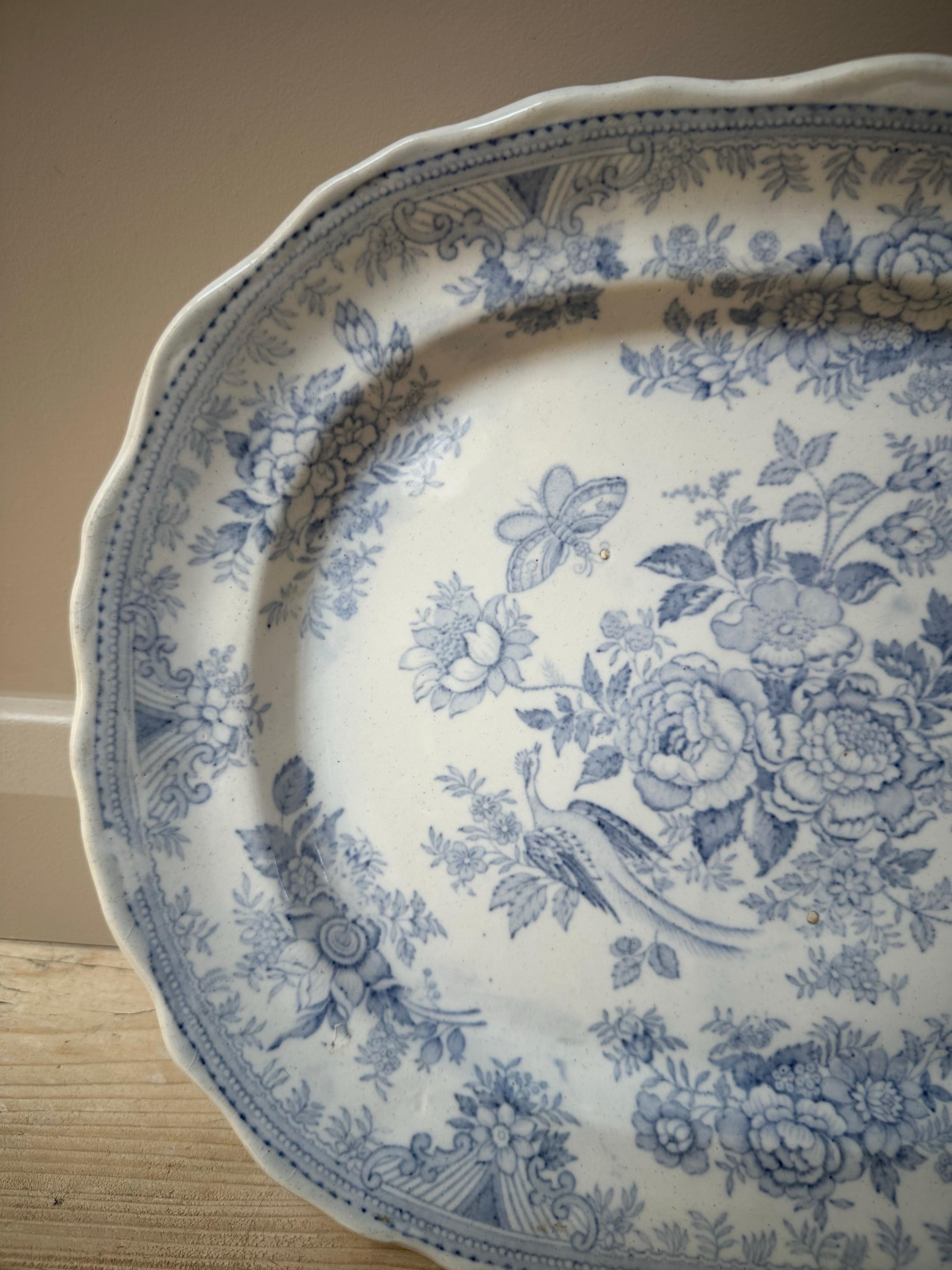 English Asiatic Pheasant’s Large Platter, Blue & White Floral, Circa 1880s For Sale