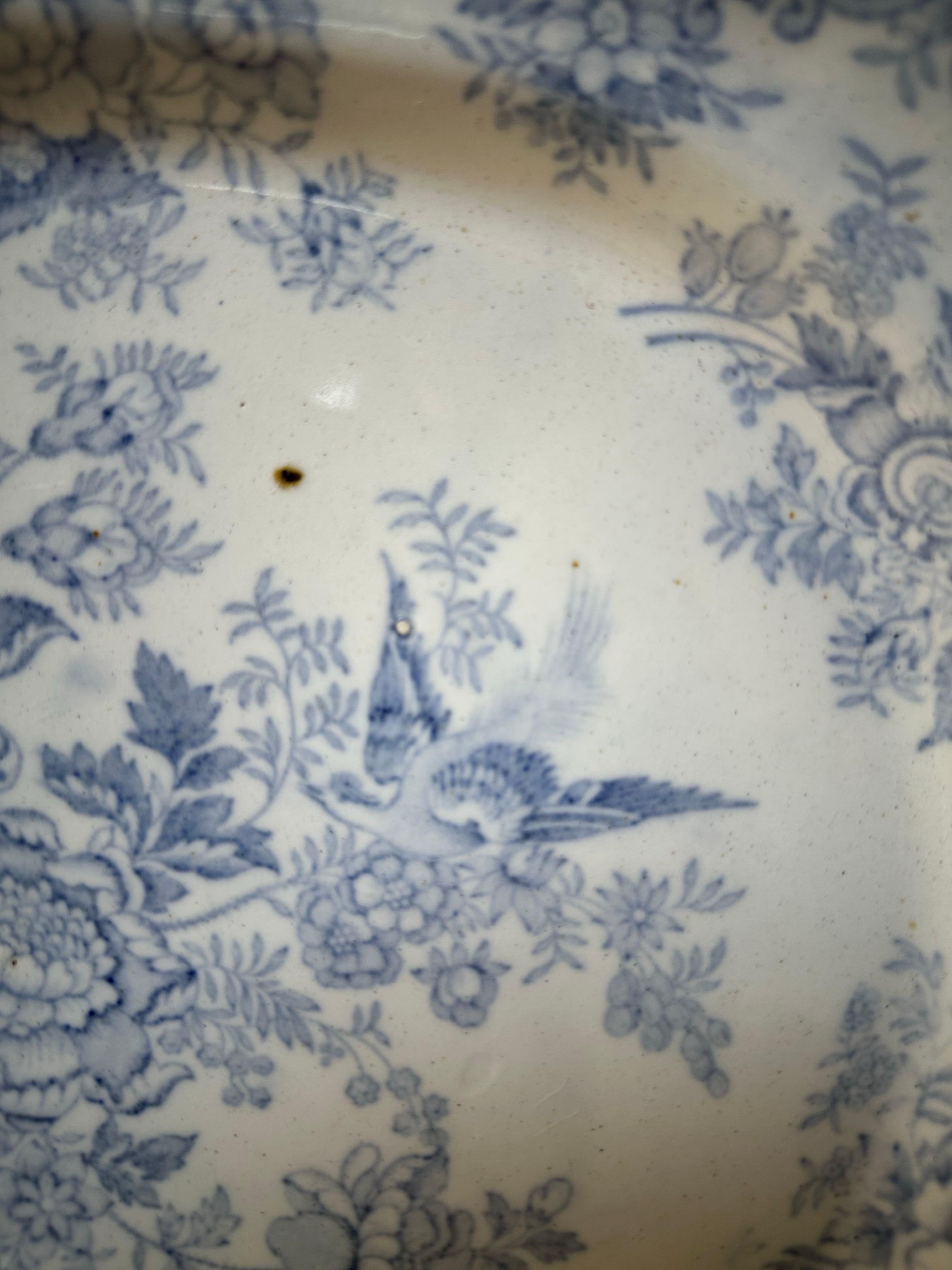 Hand-Painted Asiatic Pheasant’s Large Platter, Blue & White Floral, Circa 1880s For Sale
