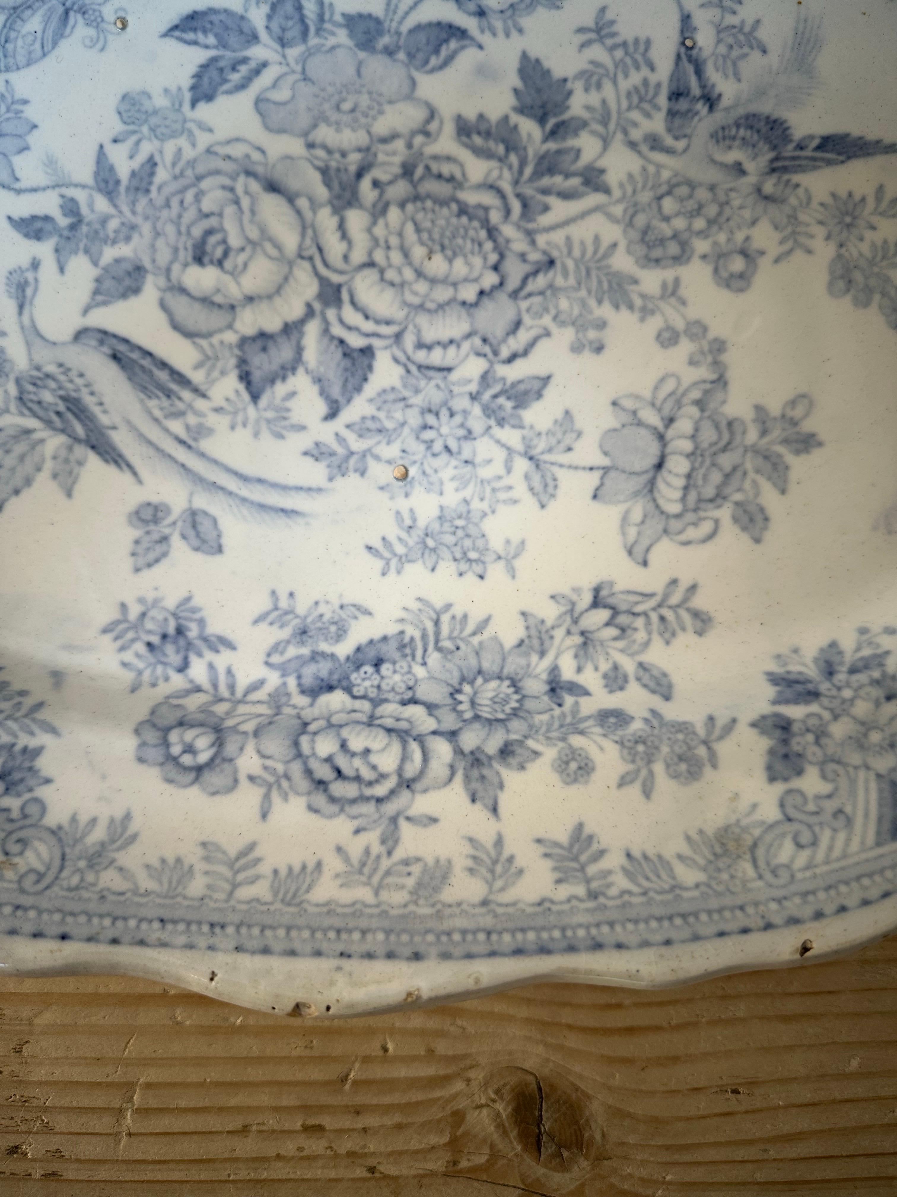 Late 19th Century Asiatic Pheasant’s Large Platter, Blue & White Floral, Circa 1880s For Sale