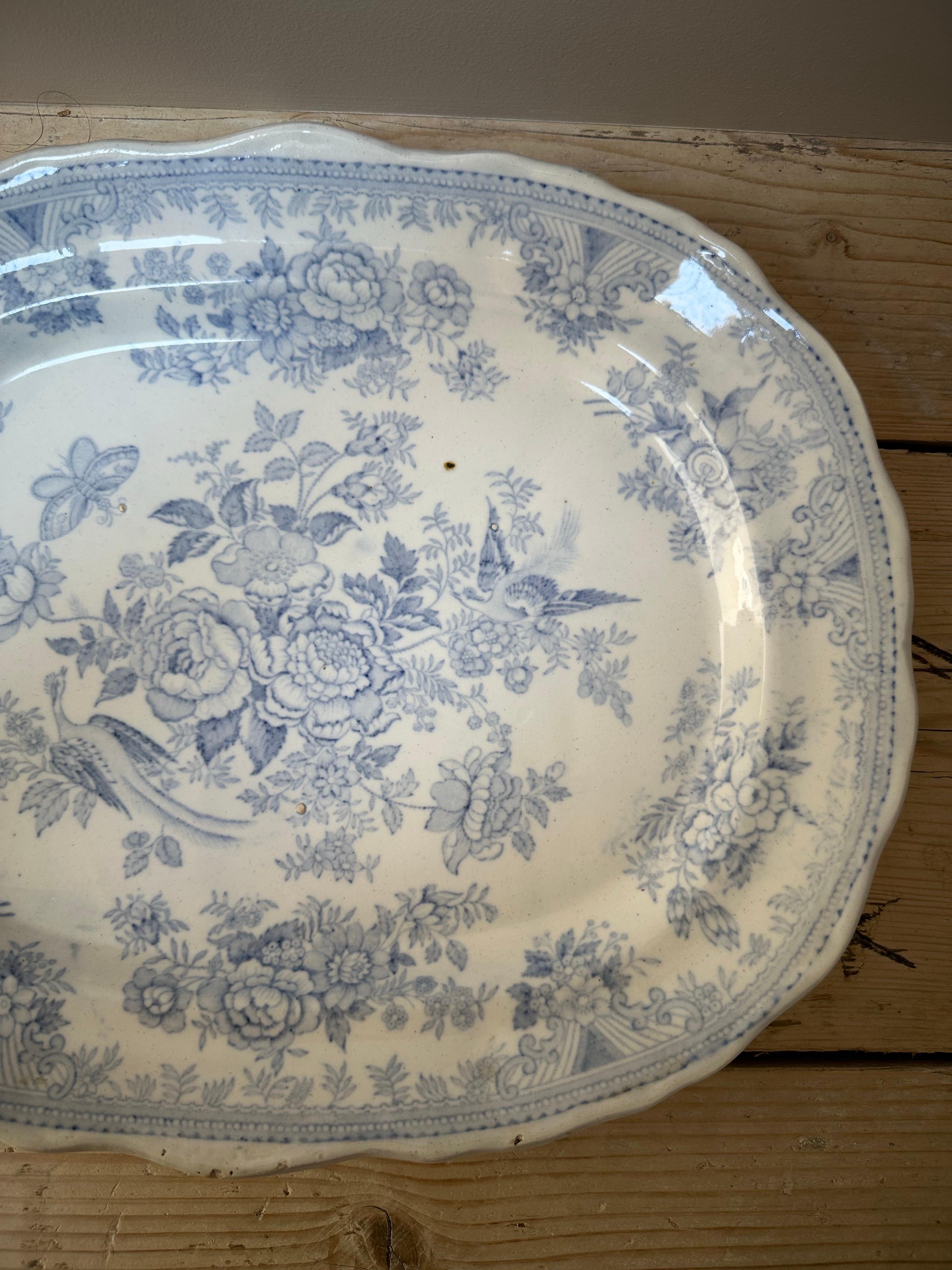 Ceramic Asiatic Pheasant’s Large Platter, Blue & White Floral, Circa 1880s For Sale