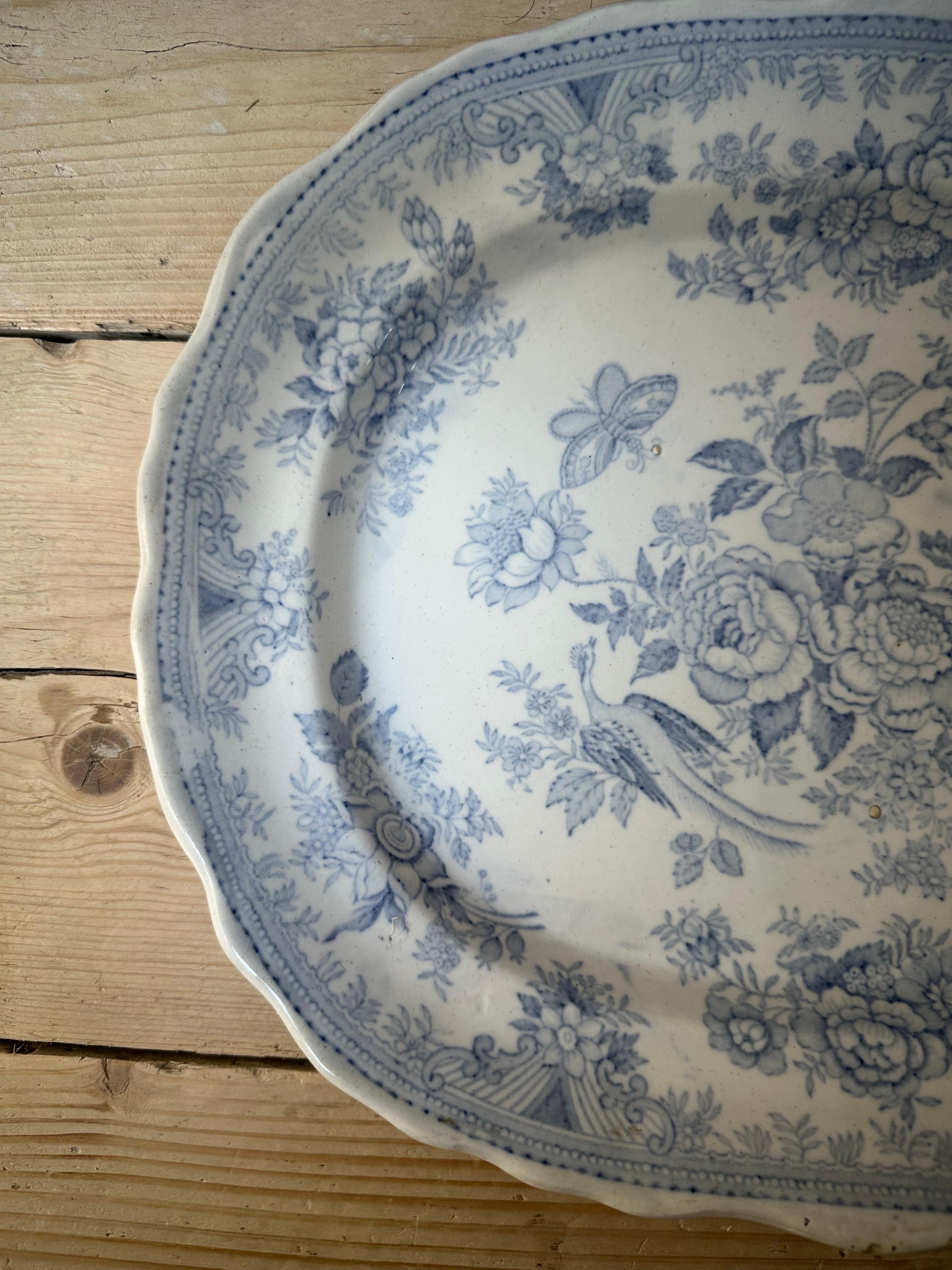 Asiatic Pheasant’s Large Platter, Blue & White Floral, Circa 1880s For Sale 1