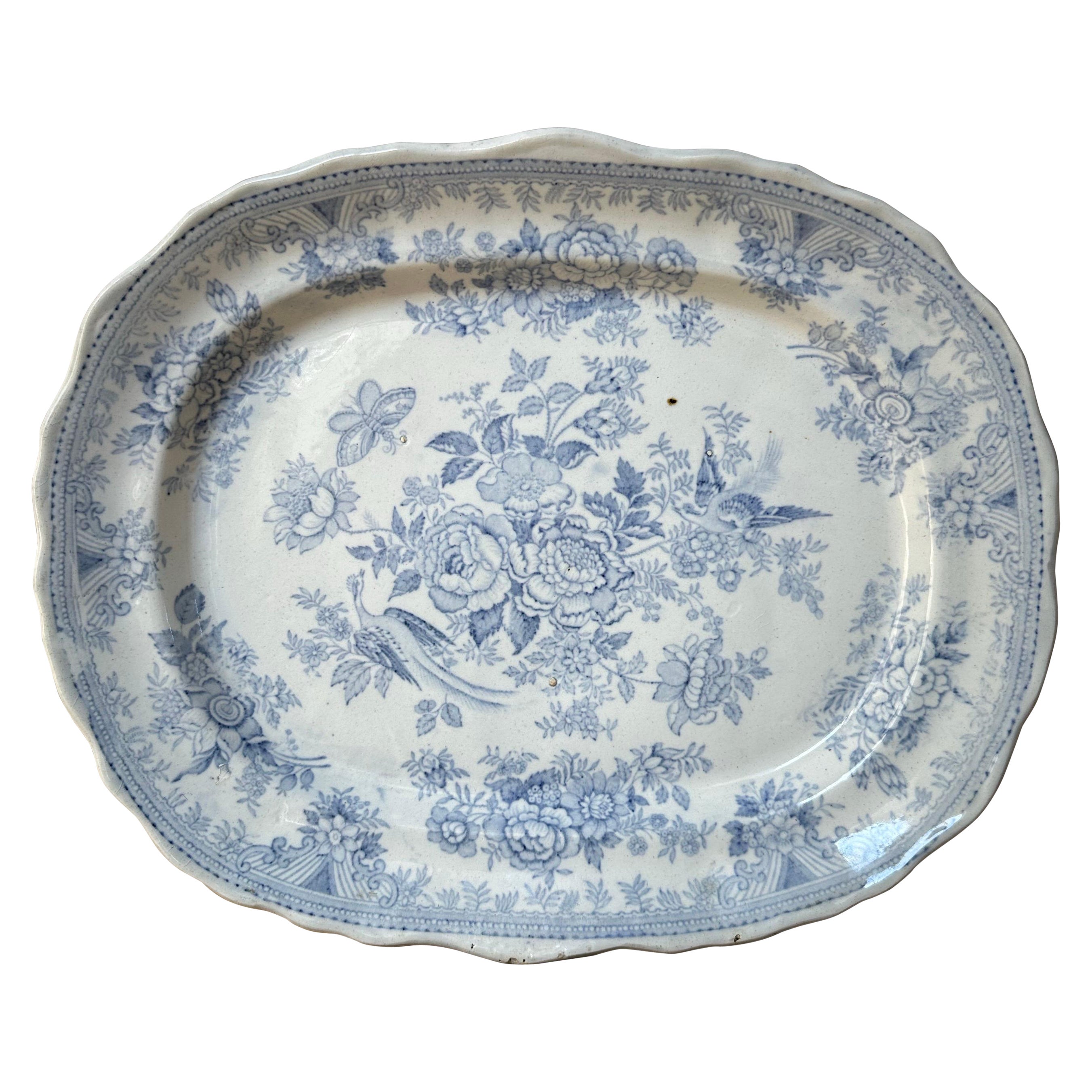 Asiatic Pheasant’s Large Platter, Blue & White Floral, Circa 1880s For Sale