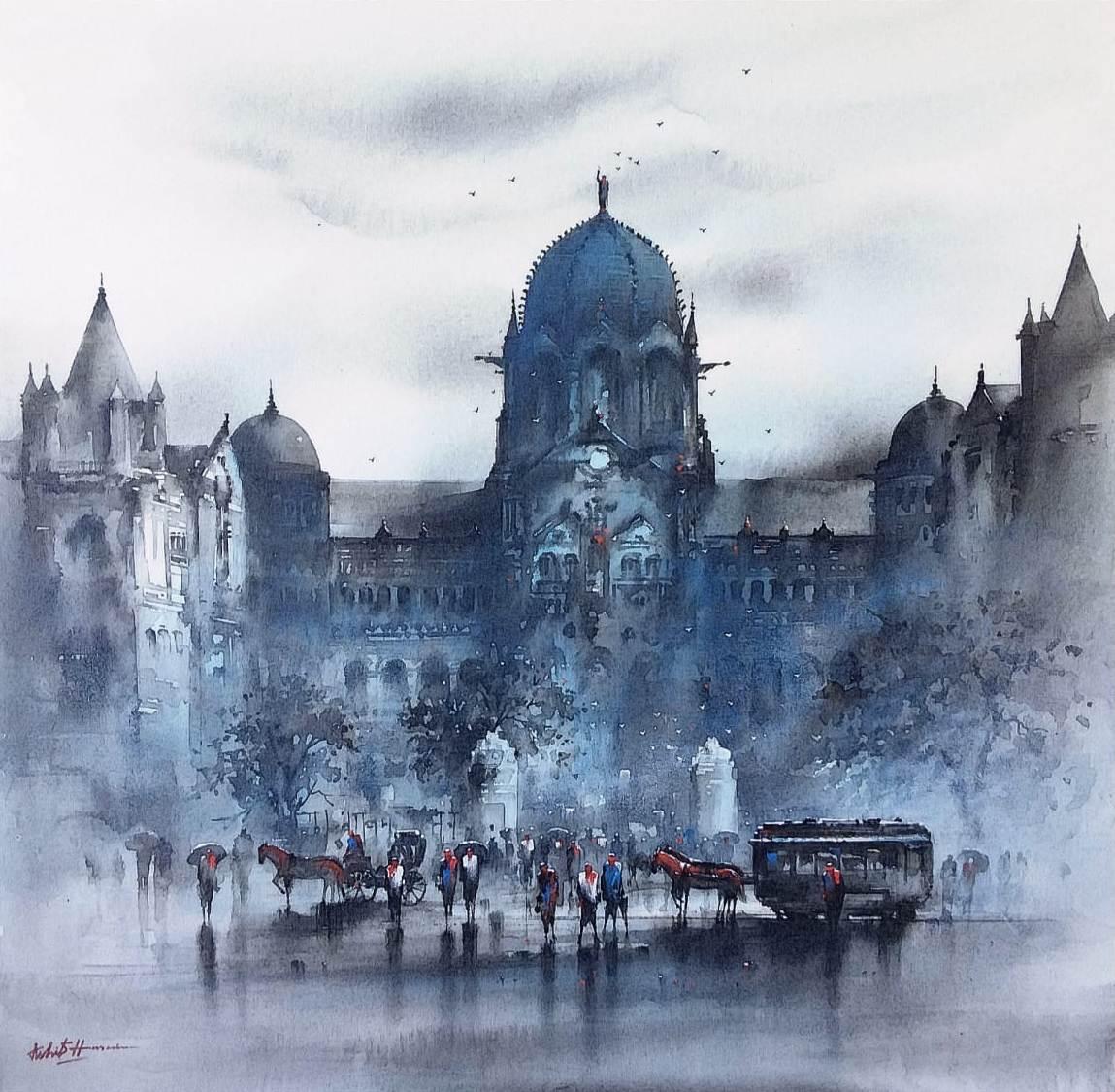 Asif Hussain Figurative Painting - Banaras Ghat, Acrylic on Canvas, Black, Grey by Contemporary Artist "In Stock"