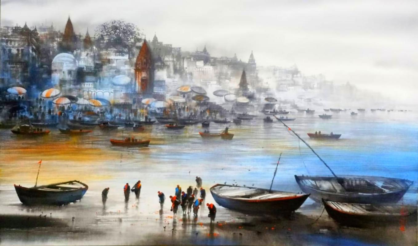 Banaras Ghats, Acrylic on Canvas, Blue, Yellow by Contemporary Artist "In Stock"