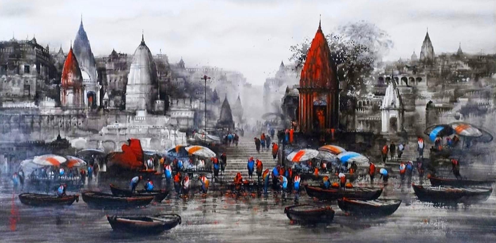 Figurative Painting Asif Hussain - Banaras Ghats, acrylique sur toile, rouge, noir, de l'artiste contemporain « en stock »