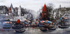Banaras Ghats, Acrylic on Canvas, Red, Black by Contemporary Artist "In Stock"