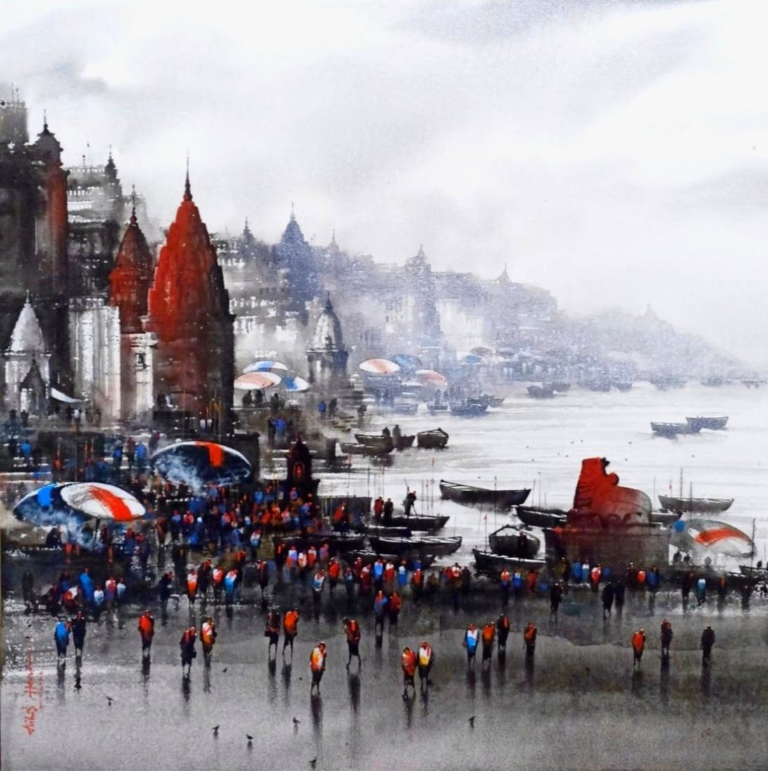 Asif Hussain Figurative Painting - Banaras Ghats, The Holy Bath, Acrylic on Canvas by Contemporary Artist-In Stock