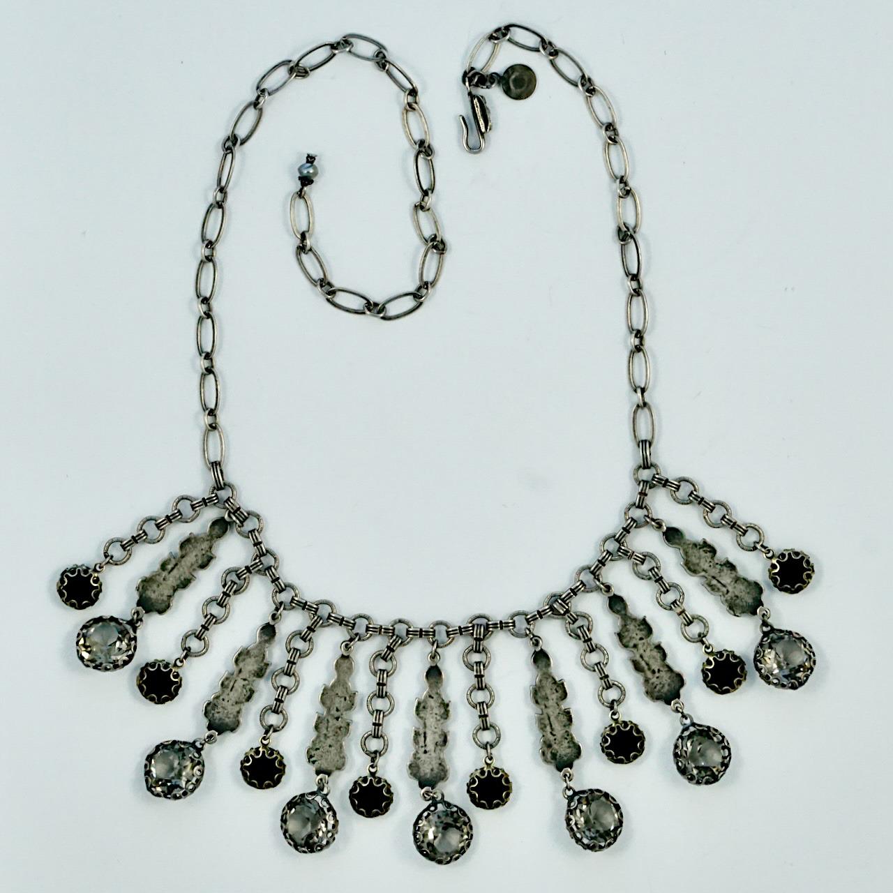 Women's or Men's Askew London Antiqued Silver Tone Drop Necklace Marcasites Rhinestones Pearls For Sale