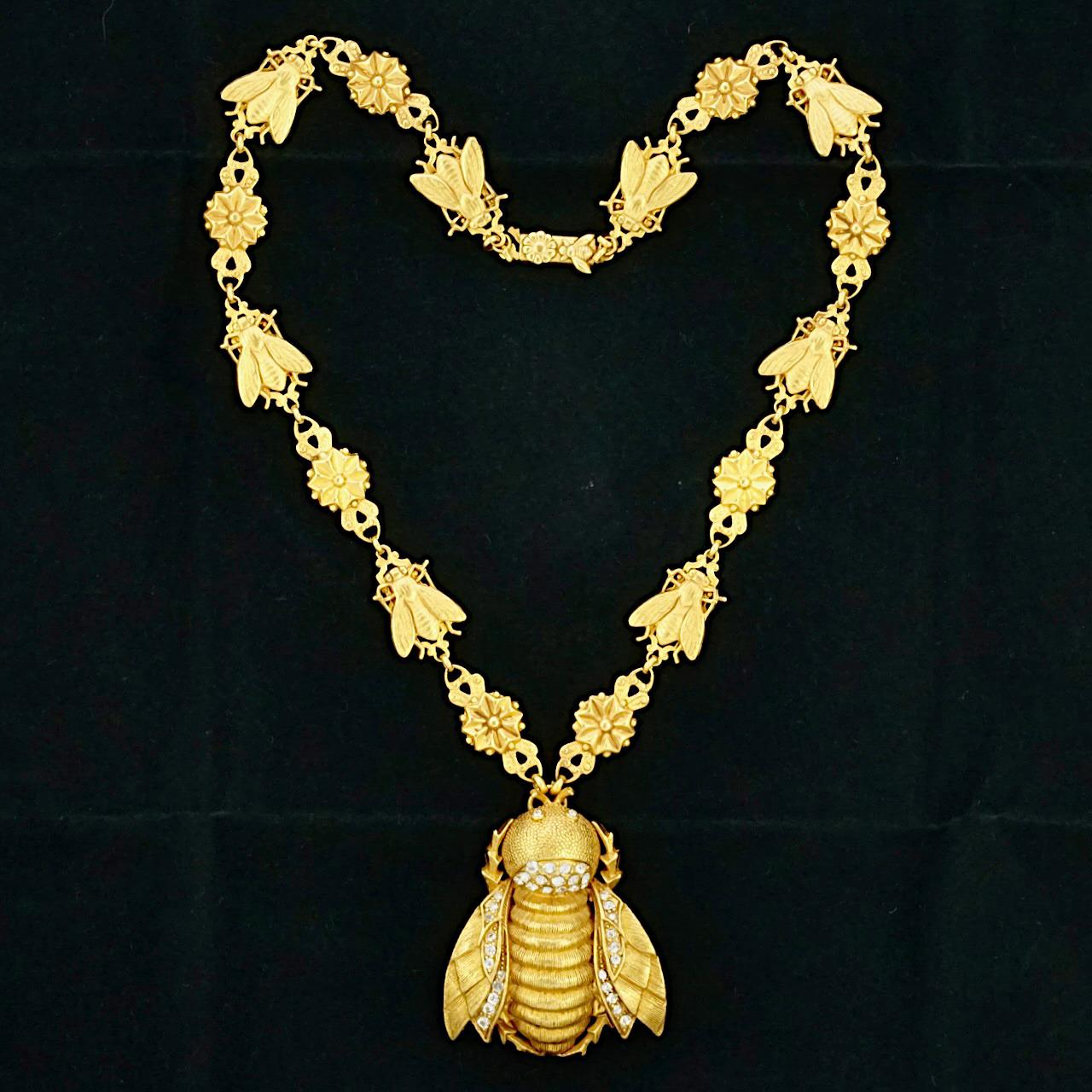 Askew London Gold Plated Crystal Bee Pendant with Fly and Flower Link Necklace For Sale 5