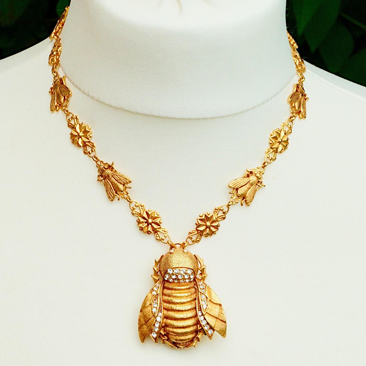 Askew London Gold Plated Crystal Bee Pendant with Fly and Flower Link Necklace For Sale 2