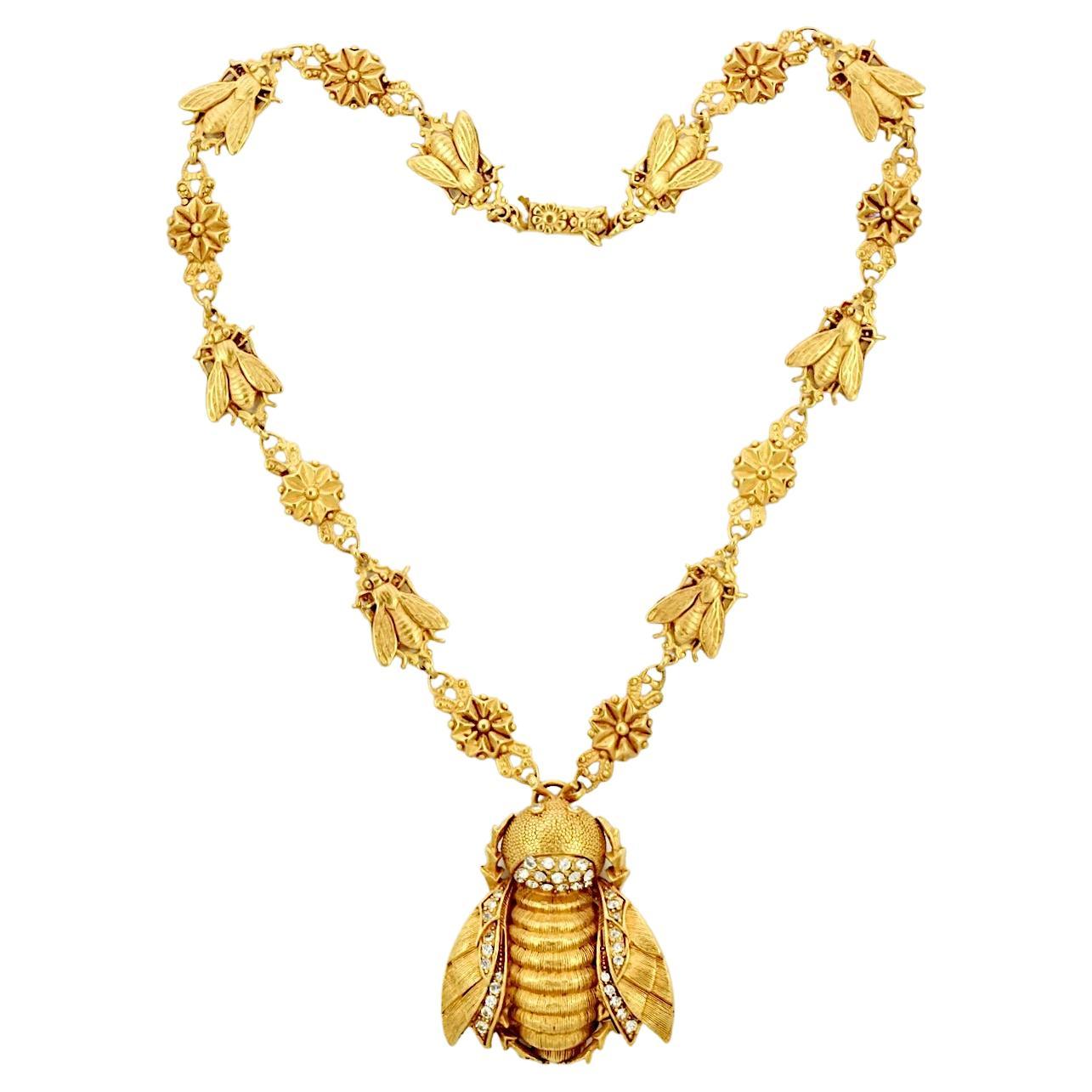 Askew London Gold Plated Crystal Bee Pendant with Fly and Flower Link Necklace For Sale