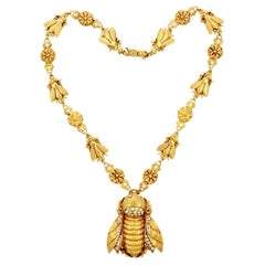 Askew London Gold Plated Crystal Bee Pendant with Fly and Flower Link Necklace
