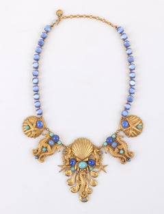 ASKEW LONDON Gold Sea Life Multi-Stone Bib Necklace Drop Earring Parure Set