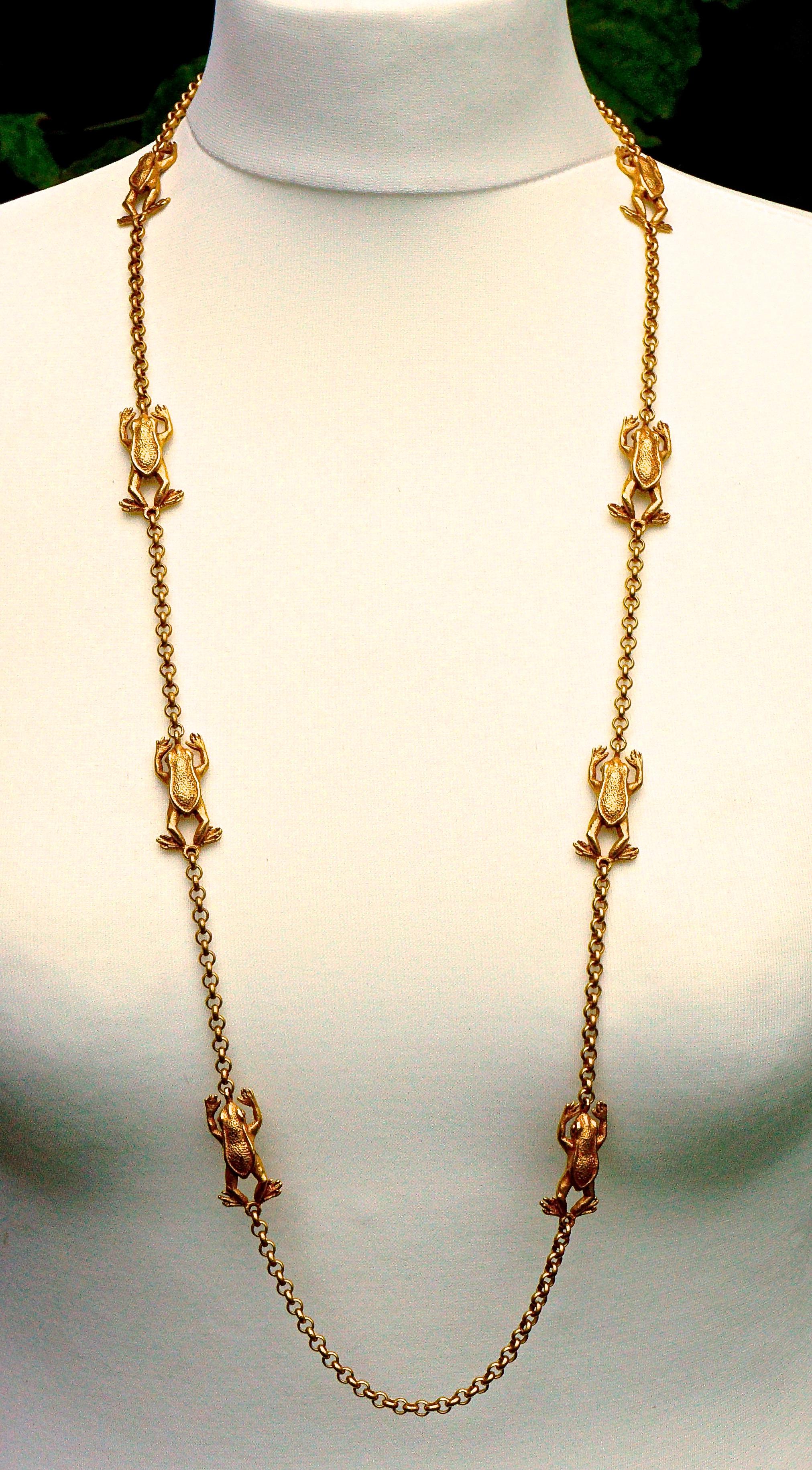 Askew London Long Gold Plated Frog Link Chain Necklace with a Flower Clasp 2