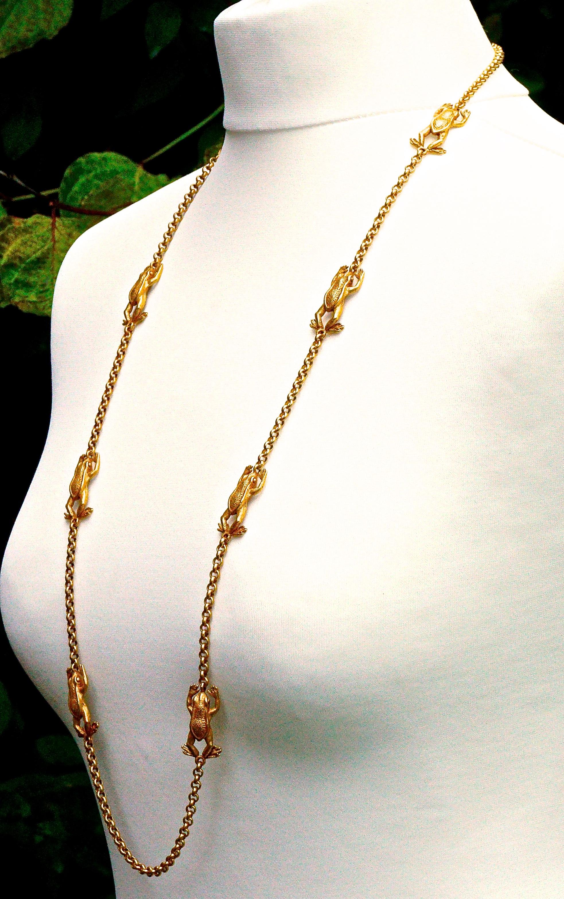 Askew London Long Gold Plated Frog Link Chain Necklace with a Flower Clasp 3