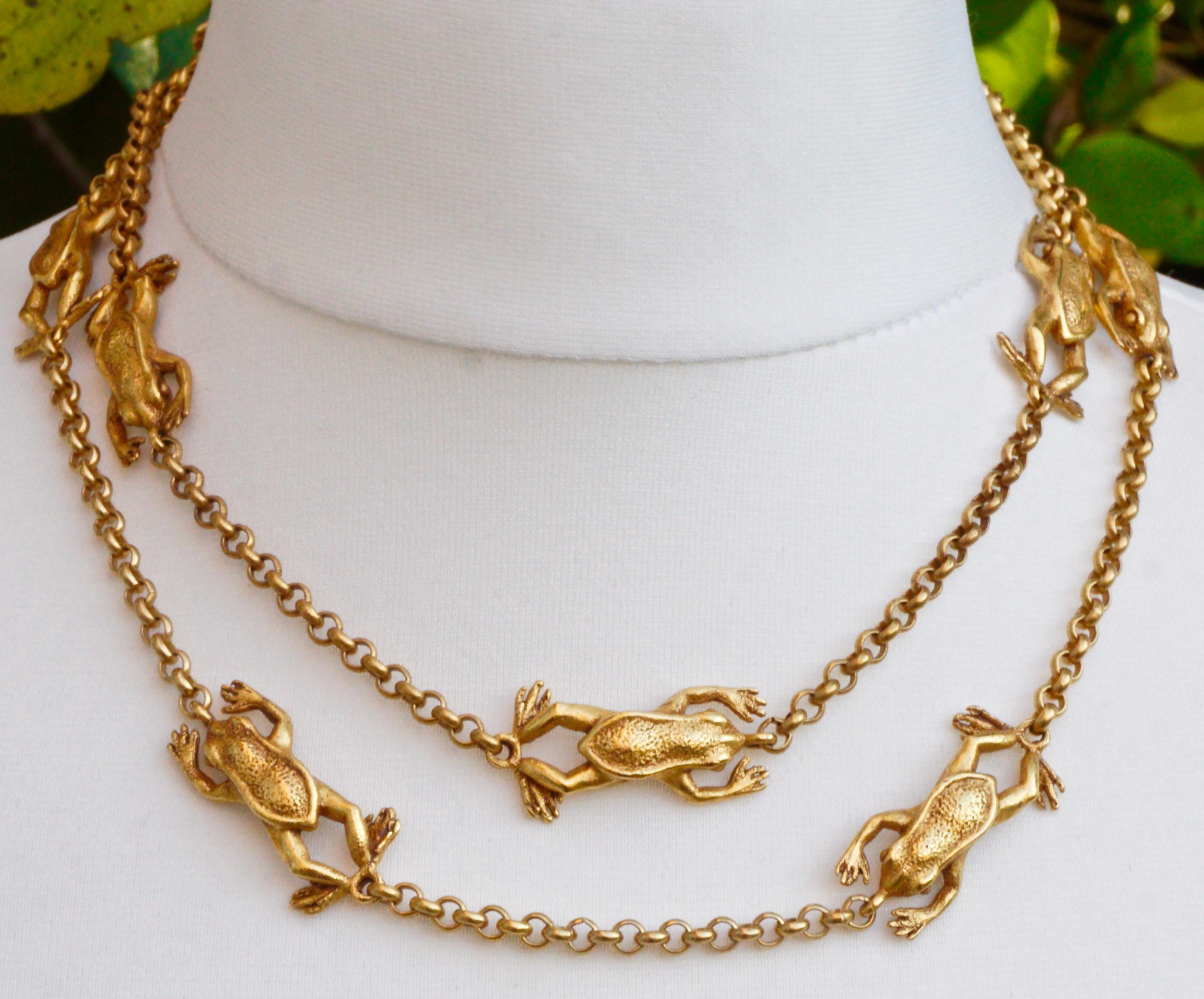 Askew London Long Gold Plated Frog Link Chain Necklace with a Flower Clasp 4