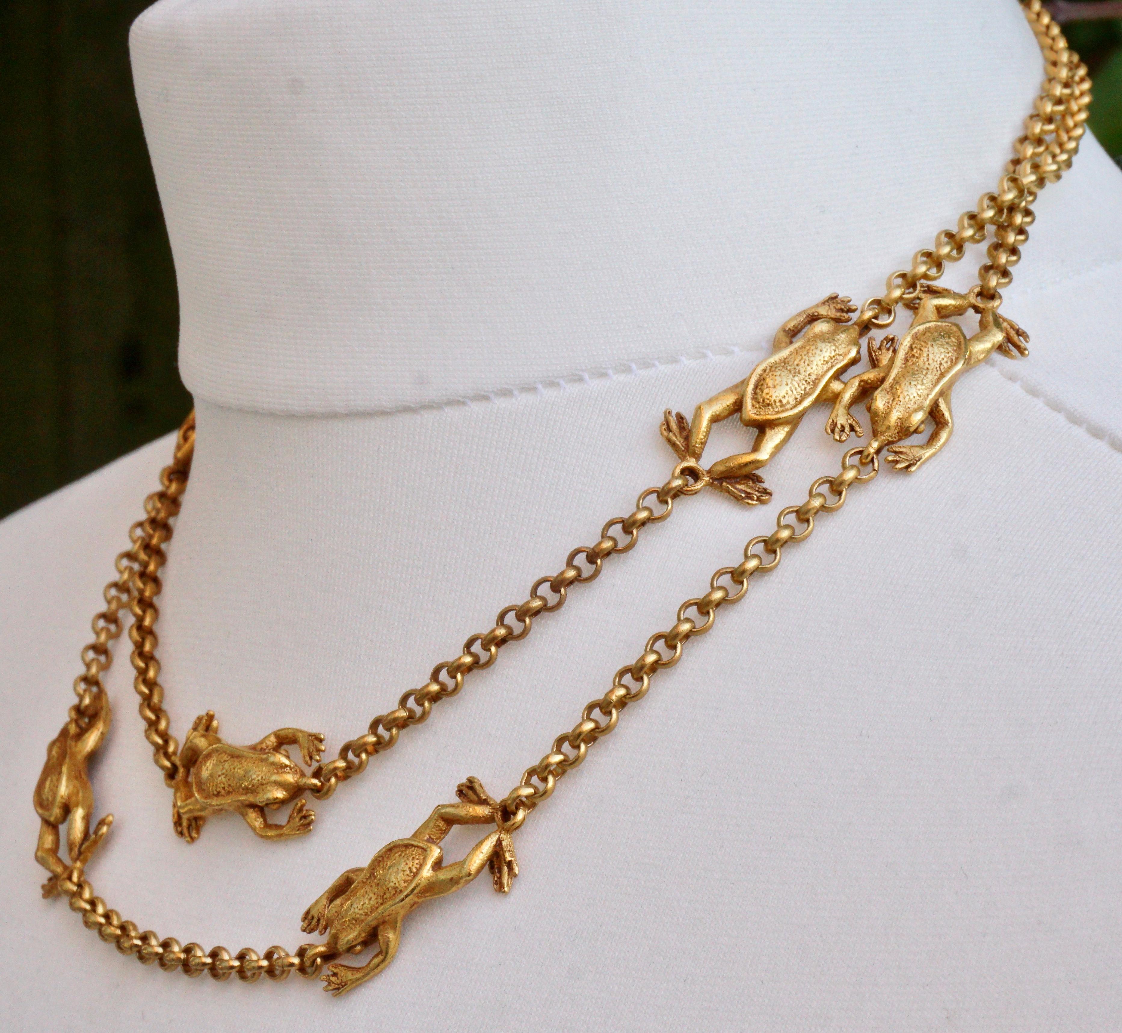 Askew London Long Gold Plated Frog Link Chain Necklace with a Flower Clasp 5