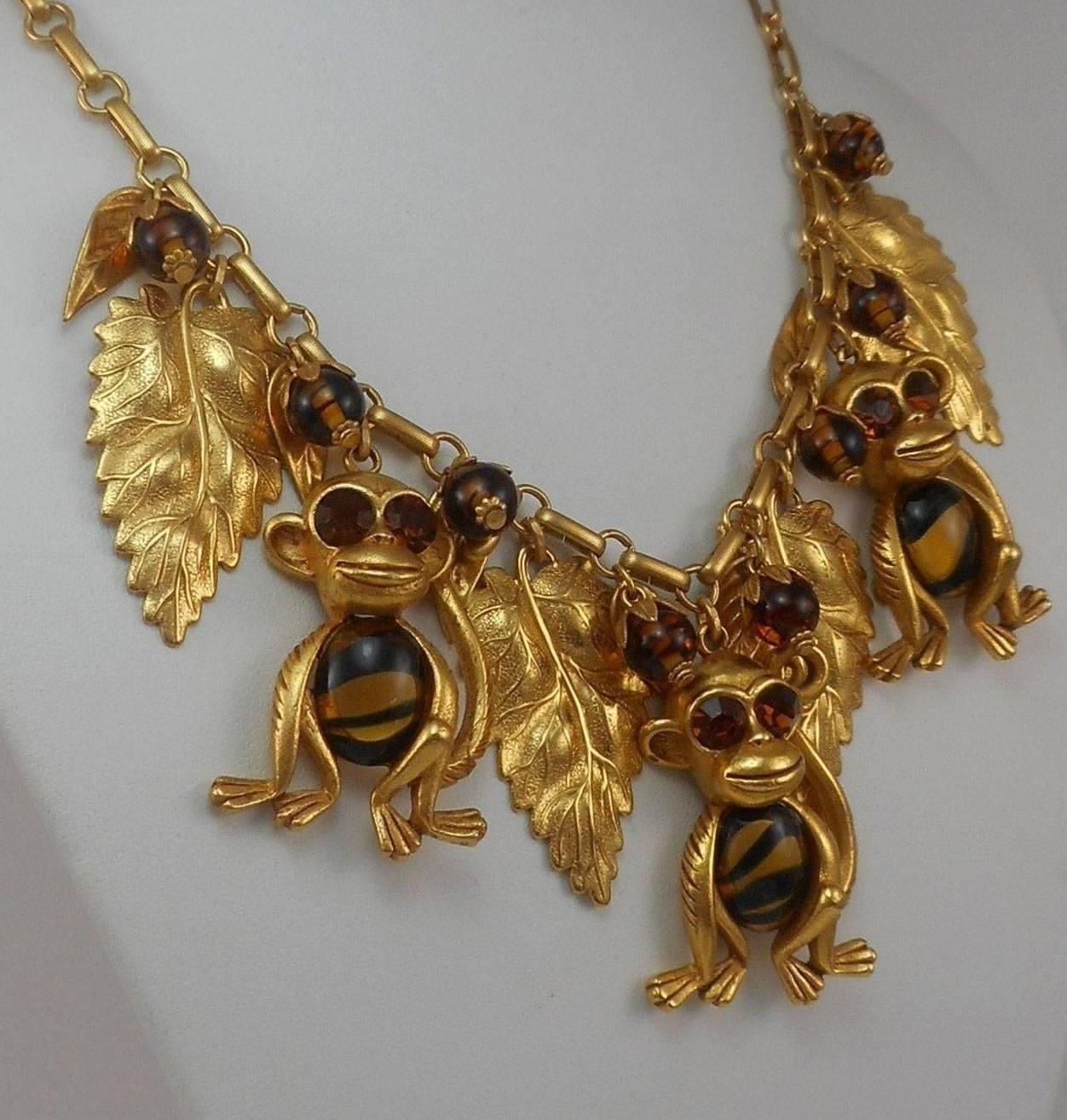Contemporary Askew London Monkey and Leaf Signed Statement Necklace