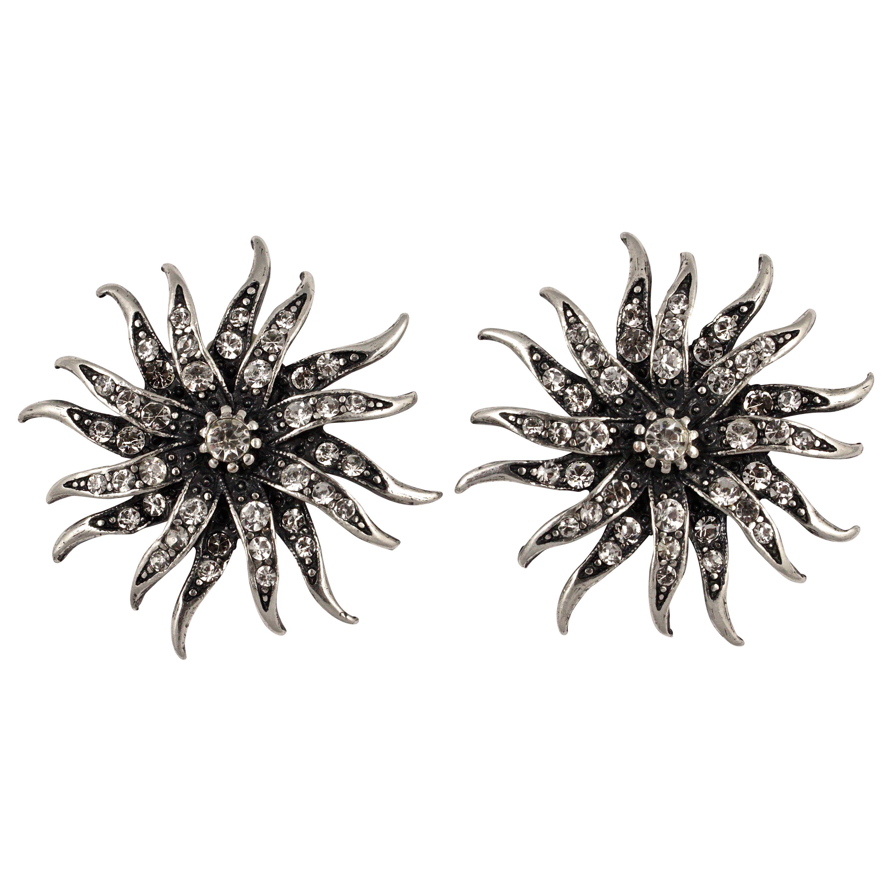 Askew London Silver Plated Clear Crystal Starburst Clip On Statement Earrings For Sale