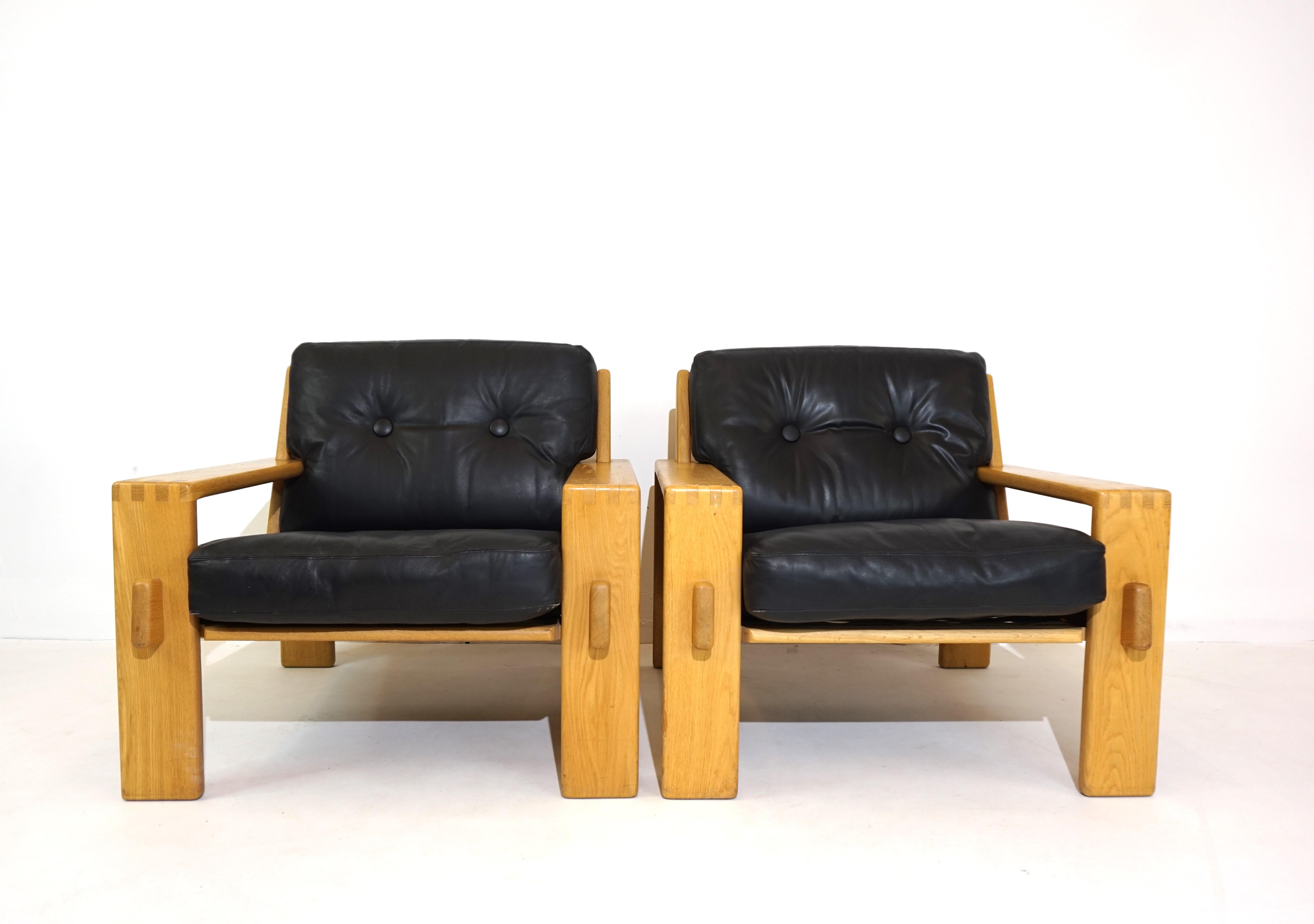 Finnish Asko Bonanza set of 2 black leather armchairs from Esko Pajamies For Sale