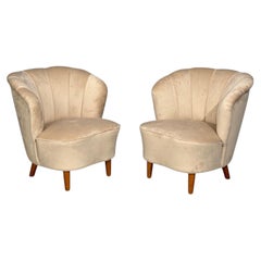 Asko, Finnisch Modern, Loungesessel, Beige Samt, Buche, Finnland, 1950er Jahre