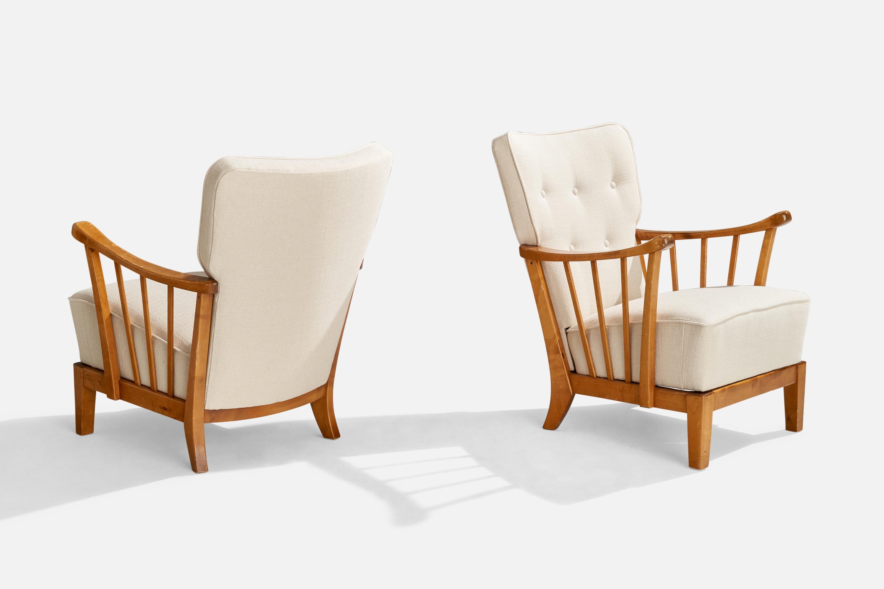 Scandinavian Modern Asko, Lounge Chairs, Birch, Fabric, Finland, 1940s For Sale