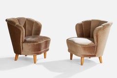 Asko, Lounge Chairs, Velvet, Wood, Finland, 1940s