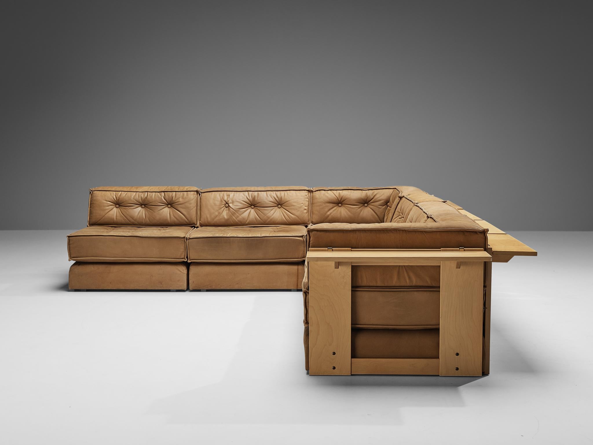 Asko Modular Sofa in Brown Leather and Birch  2