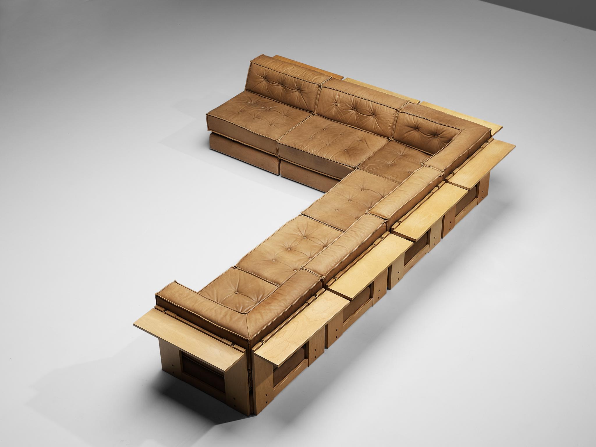 Asko Modular Sofa in Brown Leather and Birch  3
