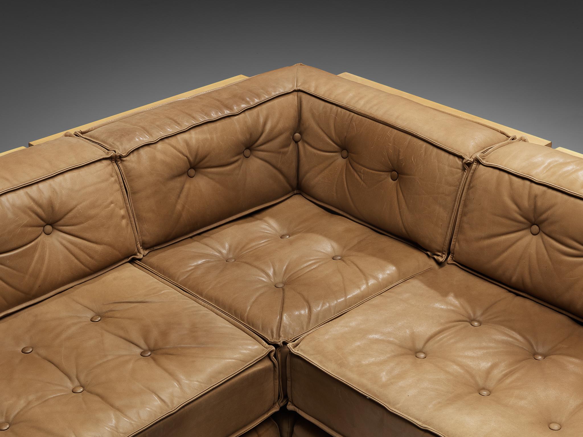 Scandinavian Modern Asko Modular Sofa in Brown Leather and Birch 