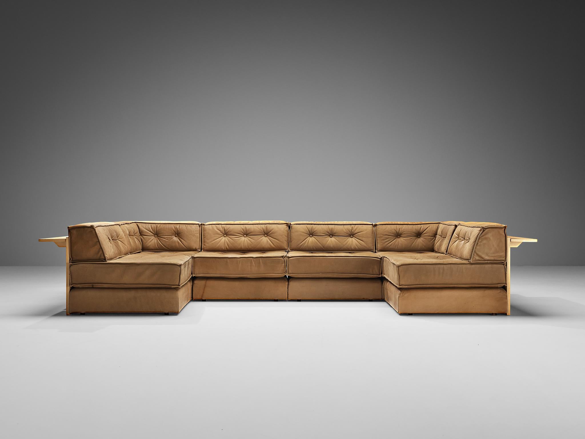 Finnish Asko Modular Sofa in Brown Leather and Birch 