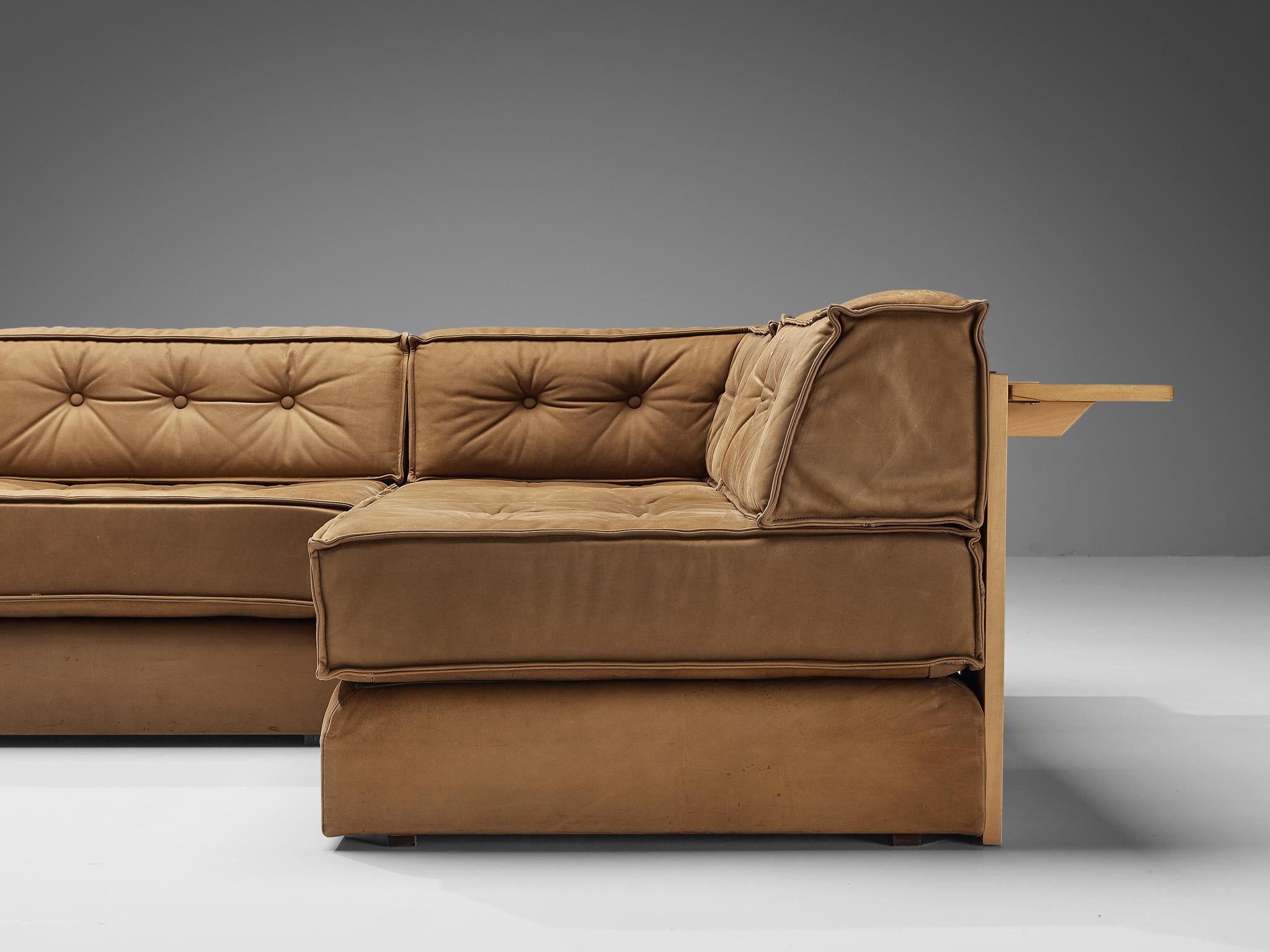 Asko Modular Sofa in Brown Leather and Birch  In Good Condition In Waalwijk, NL