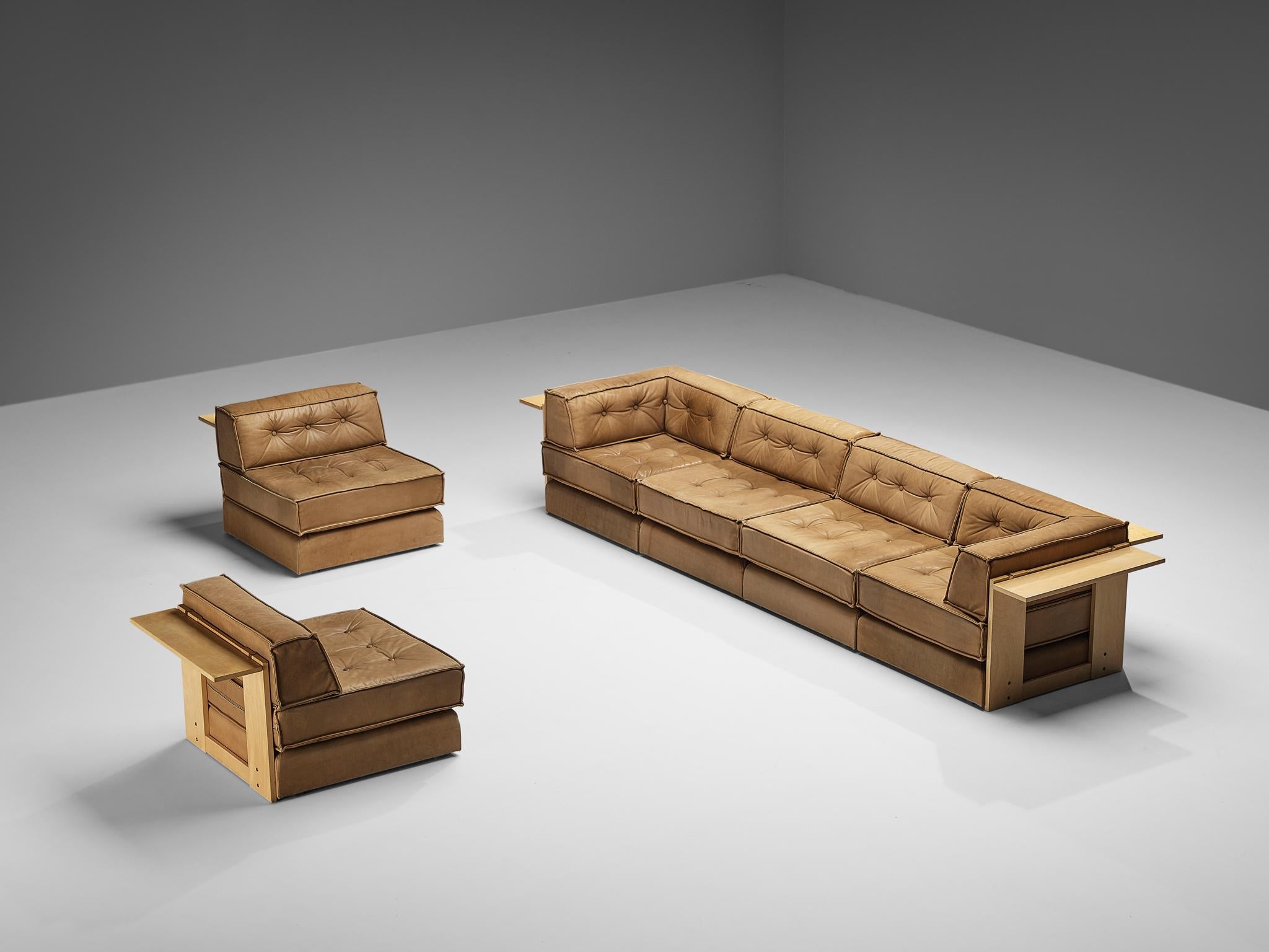 Mid-20th Century Asko Modular Sofa in Brown Leather and Birch 