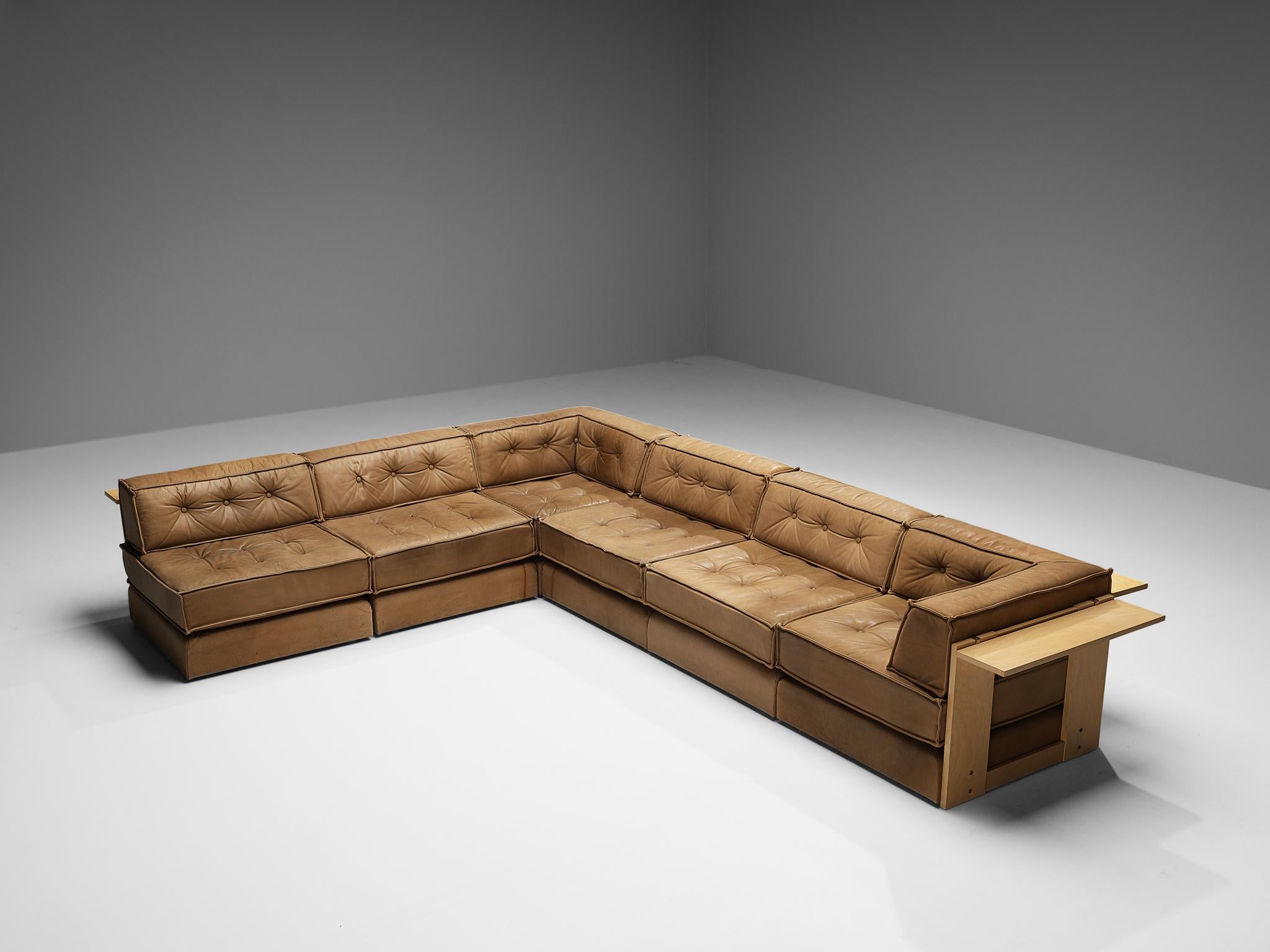 Brass Asko Modular Sofa in Brown Leather and Birch 