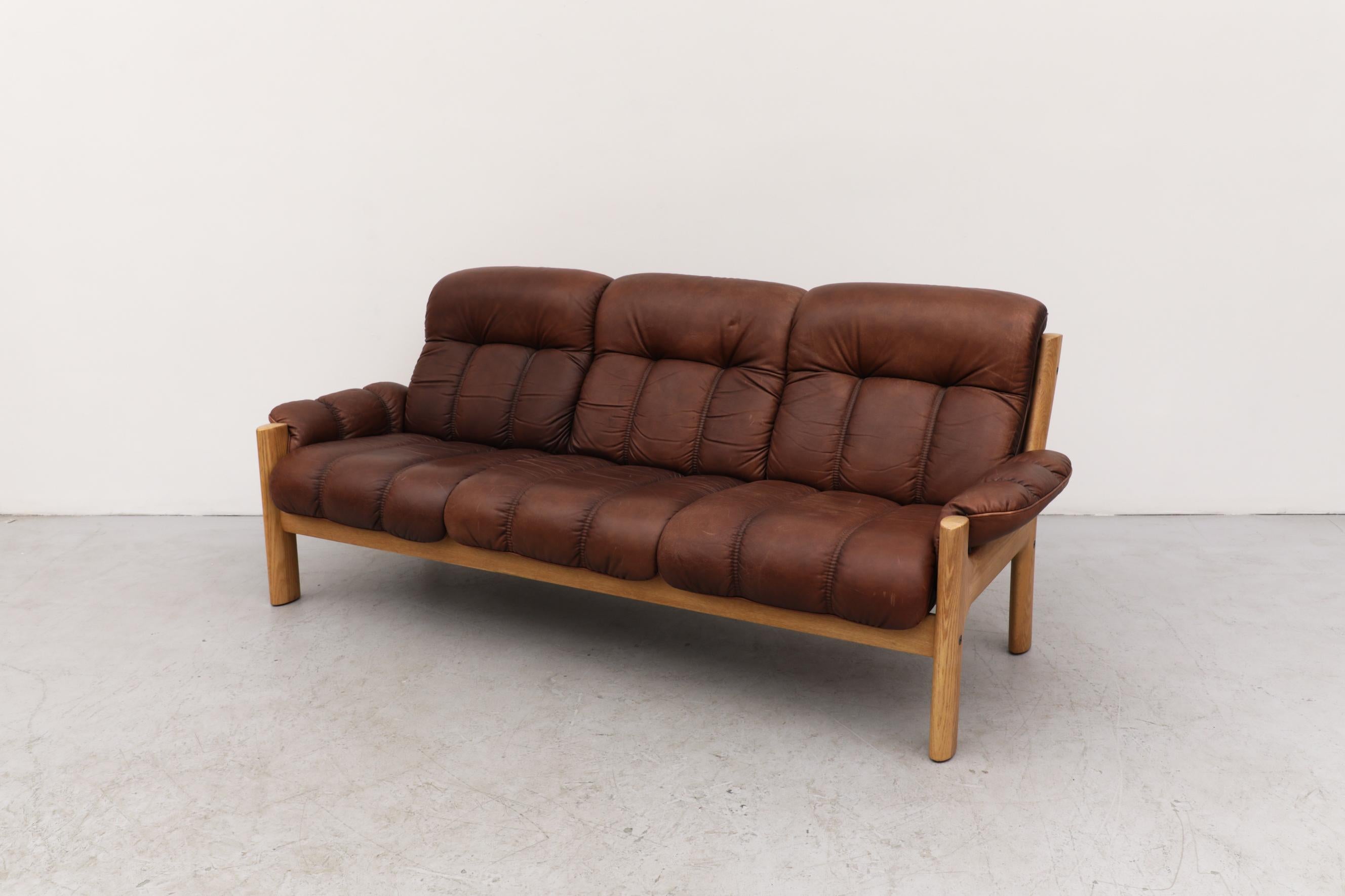 Mid-Century Modern Asko Oak and Leather 3 Seater Sofa