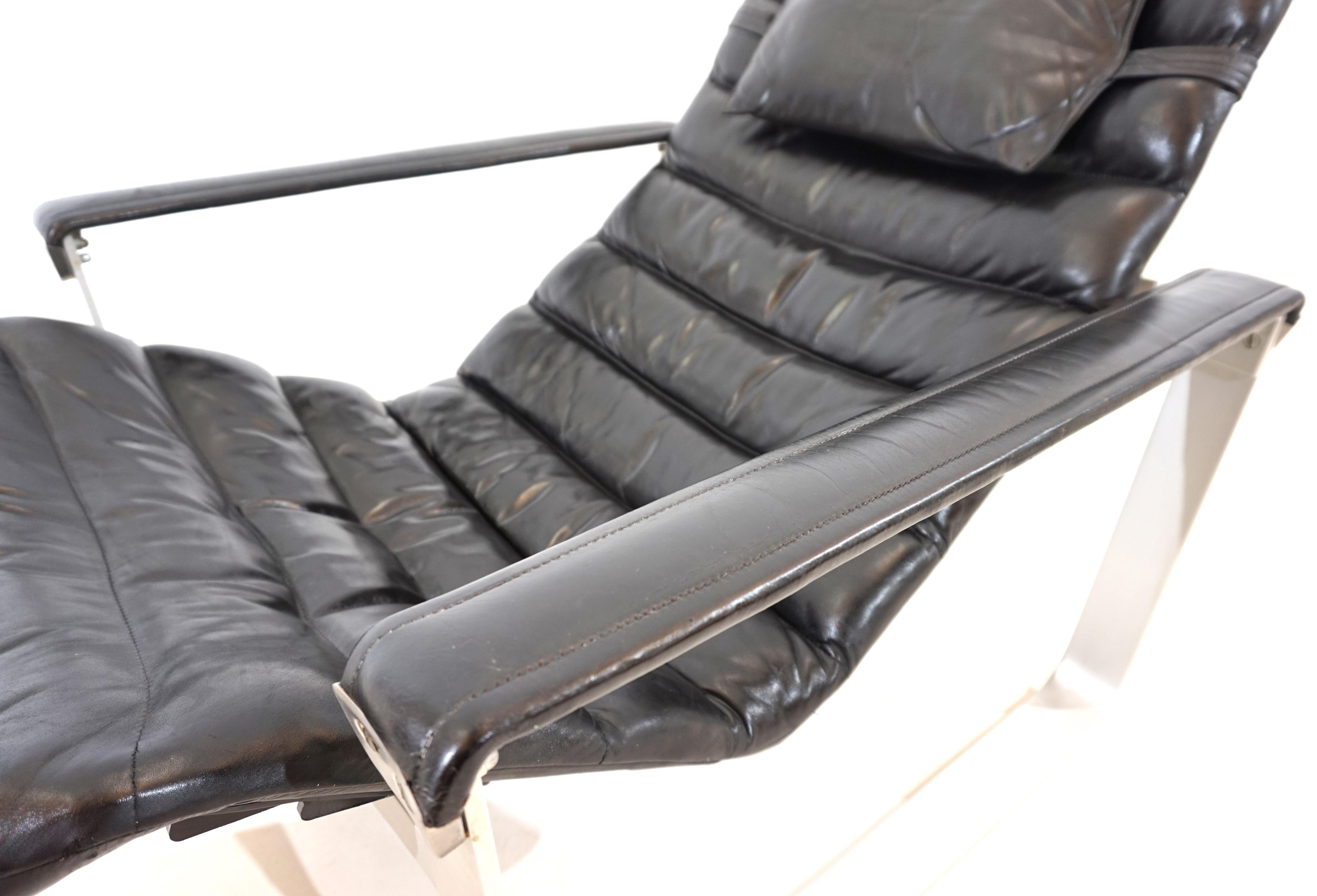 Aluminum Asko Pulkka leather armchair with ottoman by Ilmari Lappalainen