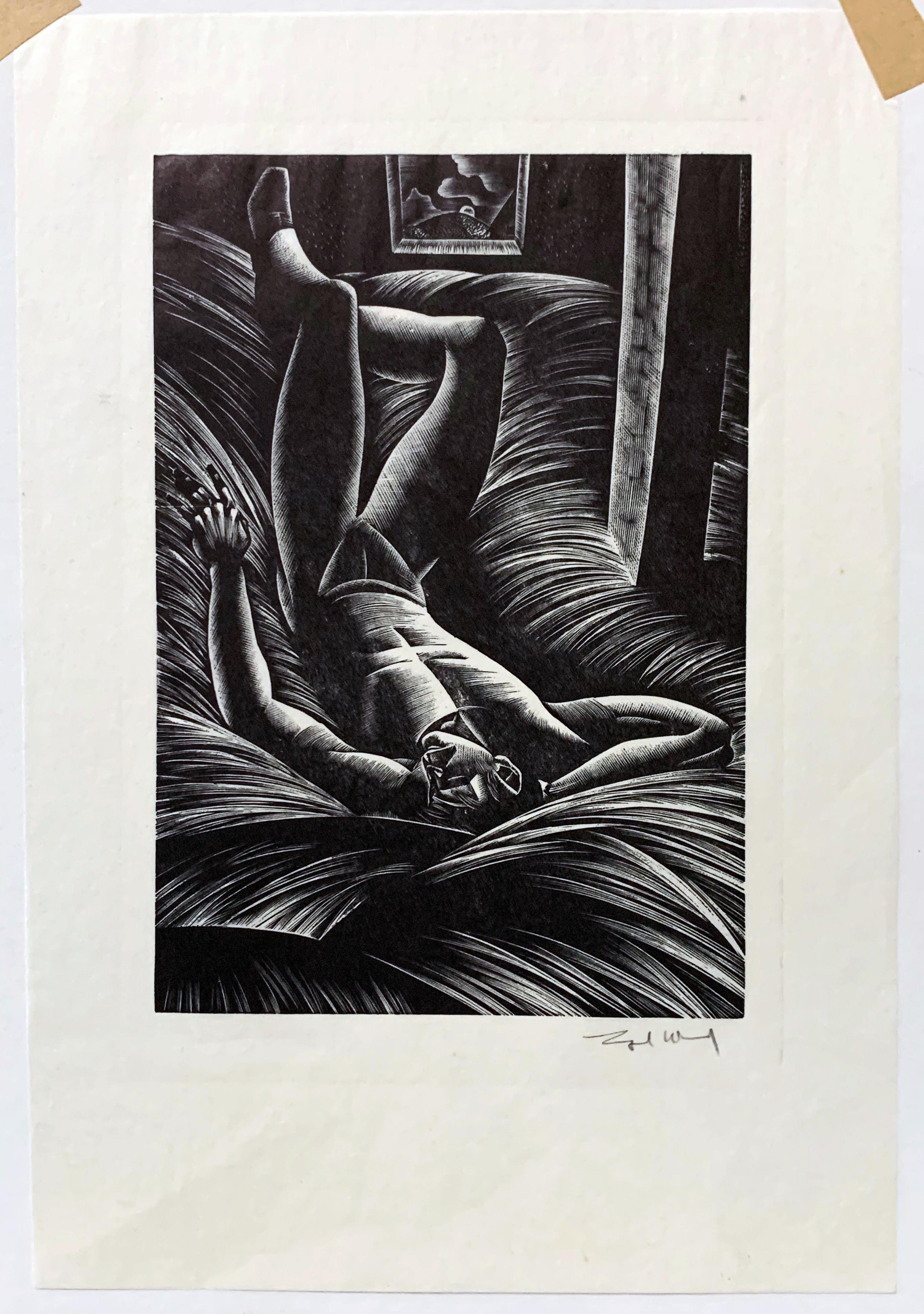 Famed for his woodcut book illustrations in the Art Deco era, Lynd Ward produced a series of dramatic images that reminded the reader of film noirs of the era, with spotlit figures in dark settings that seemed to presage flight, fear, hope and