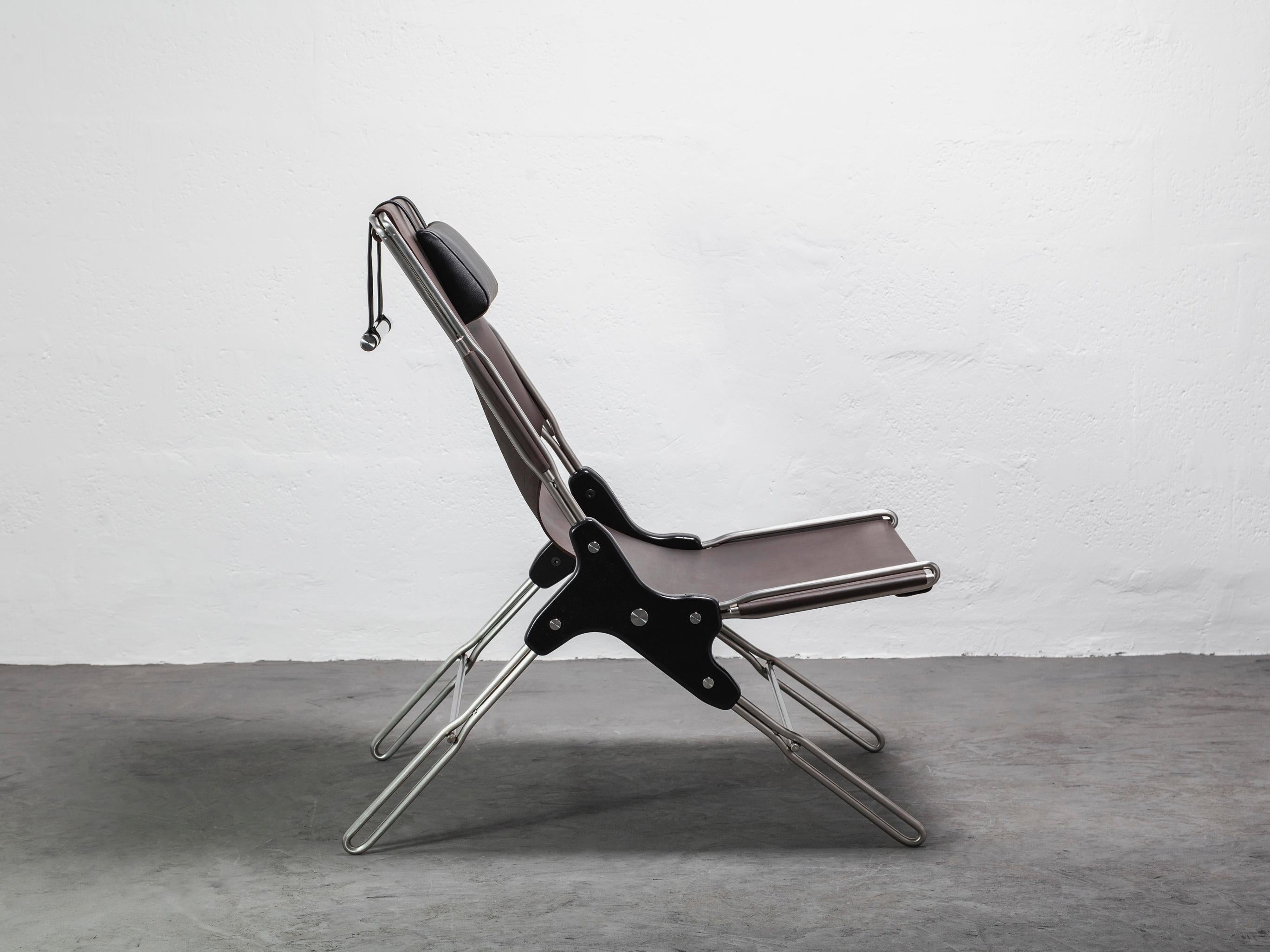 PERFIDIA_01 Sling Lounge Chair aus braunem dickem Leder und Edelstahl von ANDEAN (Moderne) im Angebot