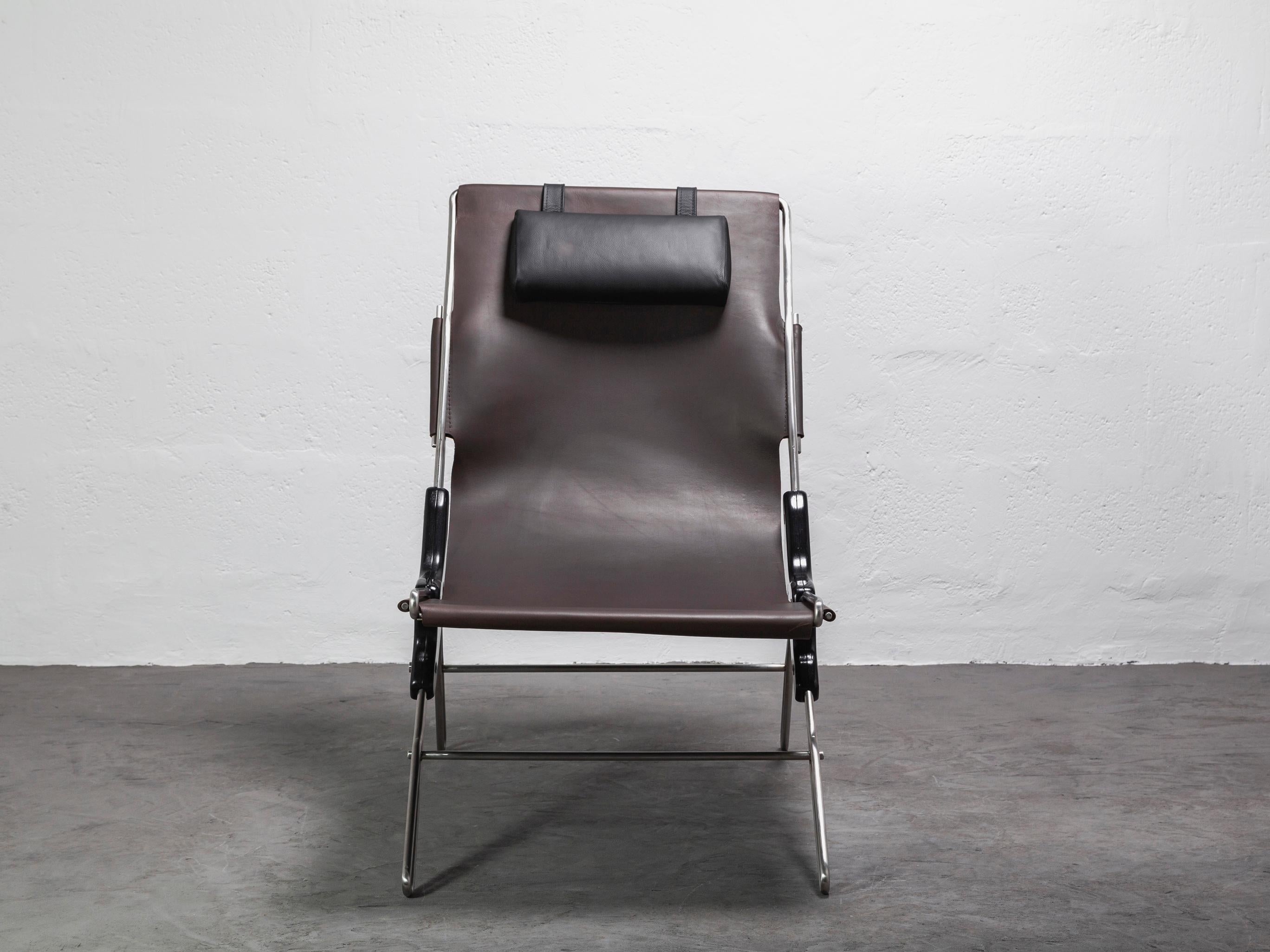 Ecuadorean PERFIDIA_01 Brown Thick Leather Sling Lounge Chair in Stainless Steel by ANDEAN For Sale